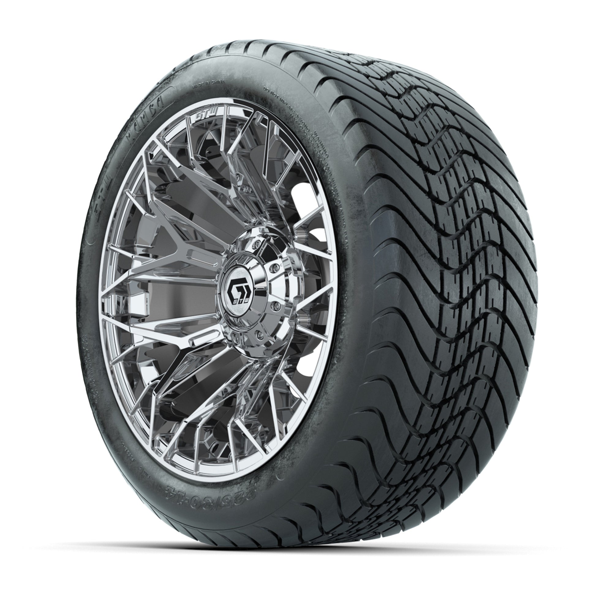 Set of (4) 14 in GTW® Stellar Chrome Wheels with 225/30-14 Mamba Street Tire