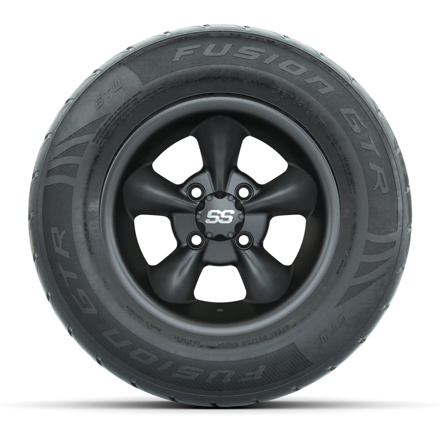 GTW® Godfather Matte Gray 12 in Wheels with 255/55-R12 Fusion GTR Steel Belt Radial Street Tires – Full Set