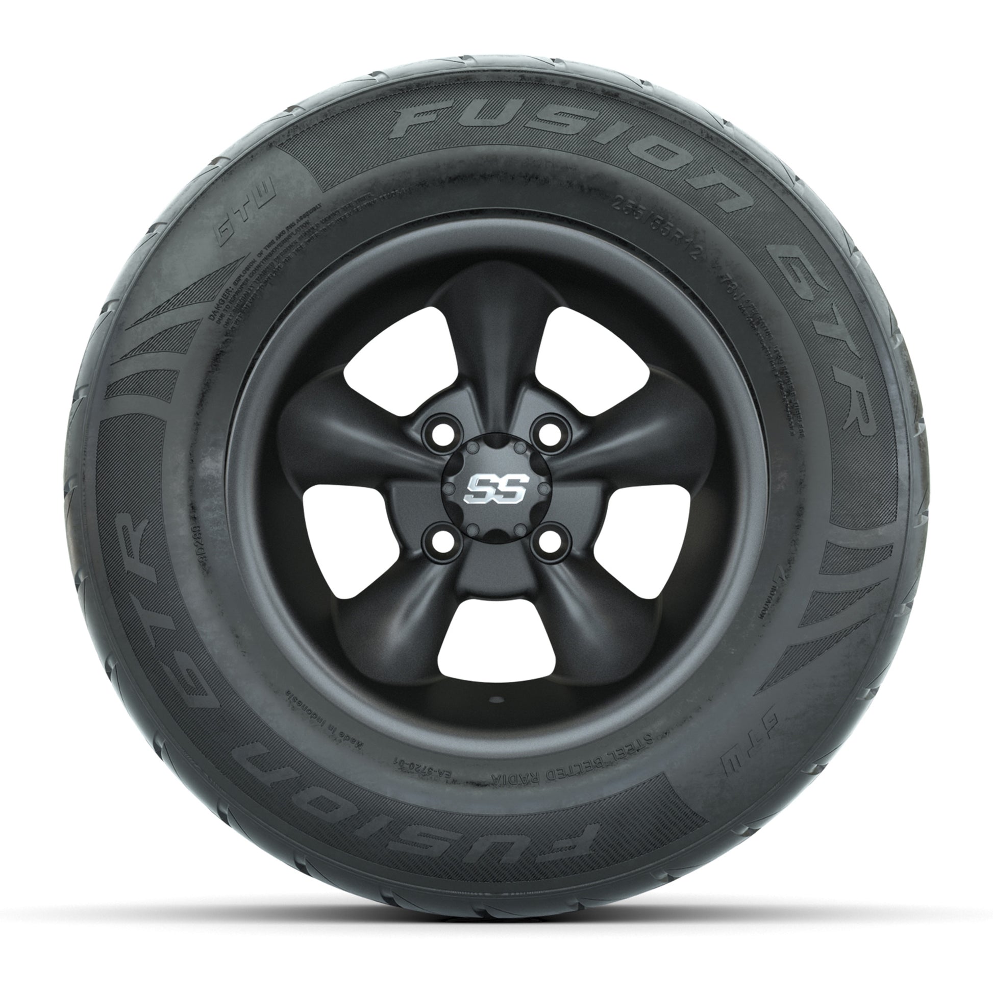 GTW® Godfather Matte Gray 12 in Wheels with 255/55-R12 Fusion GTR Steel Belt Radial Street Tires – Full Set