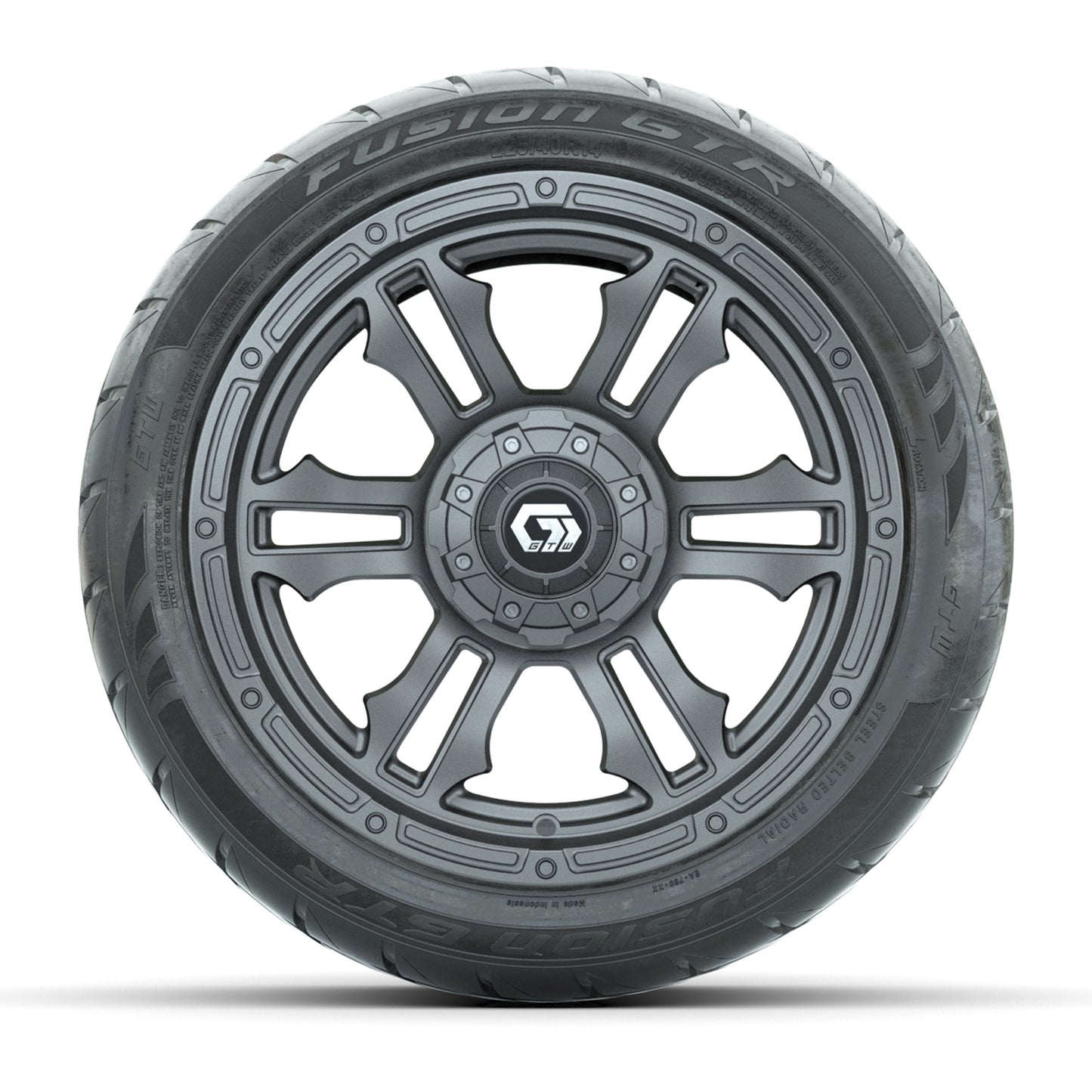 GTW® Shogun Gunmetal 14 in Wheels with 225/40-R14 Fusion GTR Steel Belt Radial Street Tires – Full Set
