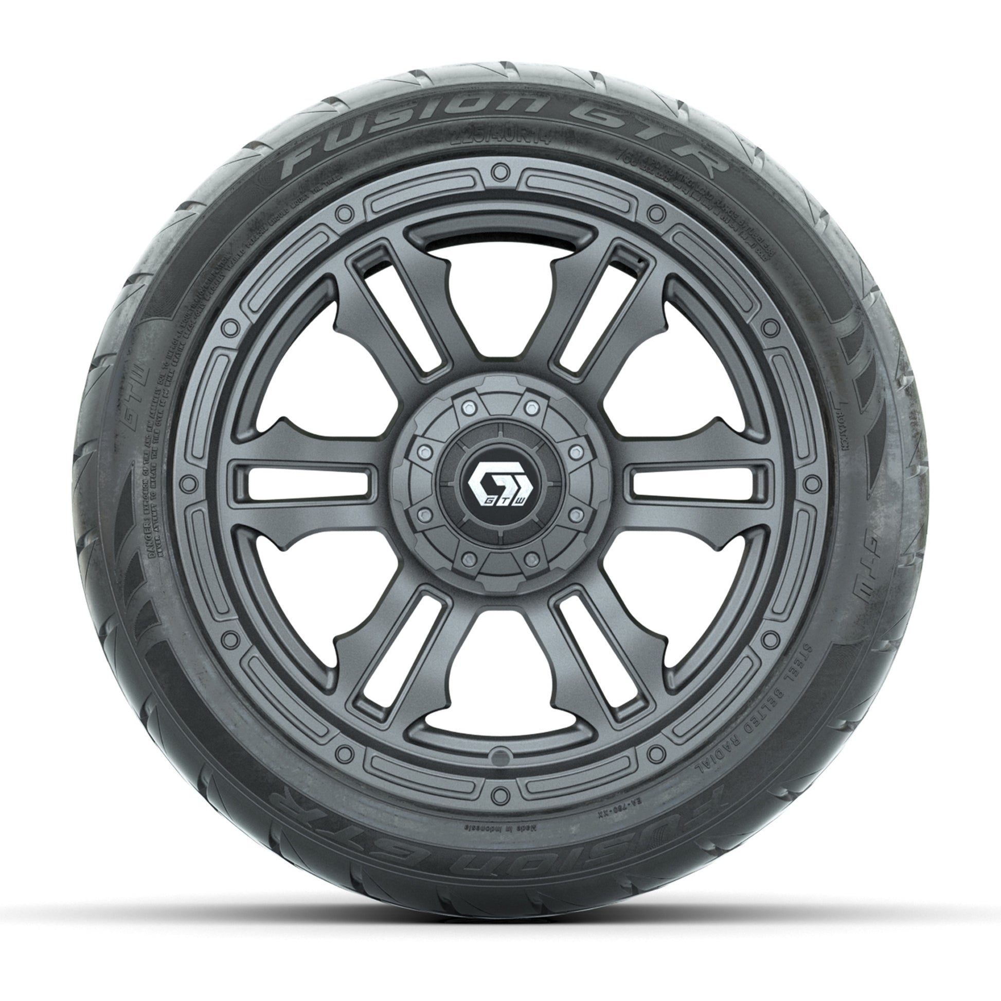 GTW® Shogun Gunmetal 14 in Wheels with 225/40-R14 Fusion GTR Steel Belt Radial Street Tires – Full Set