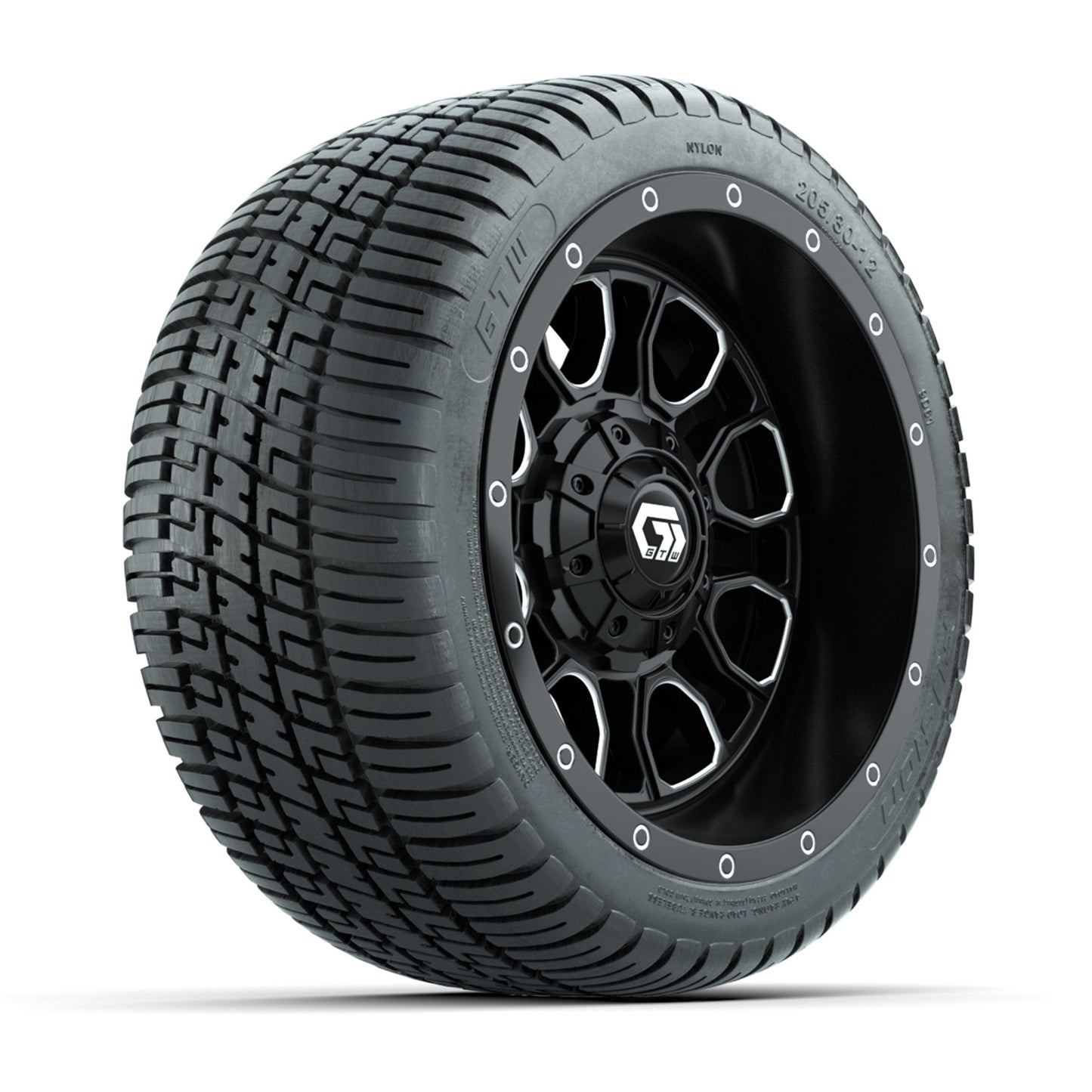 GTW® Volt Black/Machined 12 in Wheels with 205/30-12 Fusion Street Tires – Full Set