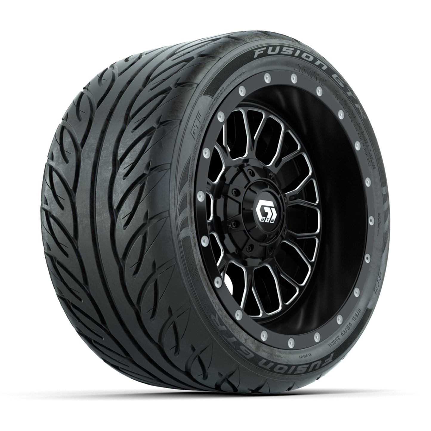 GTW® Helix Black/Machined 12 in Wheels with 215/40-R12 Fusion GTR Steel Belt Radial Street Tires – Full Set