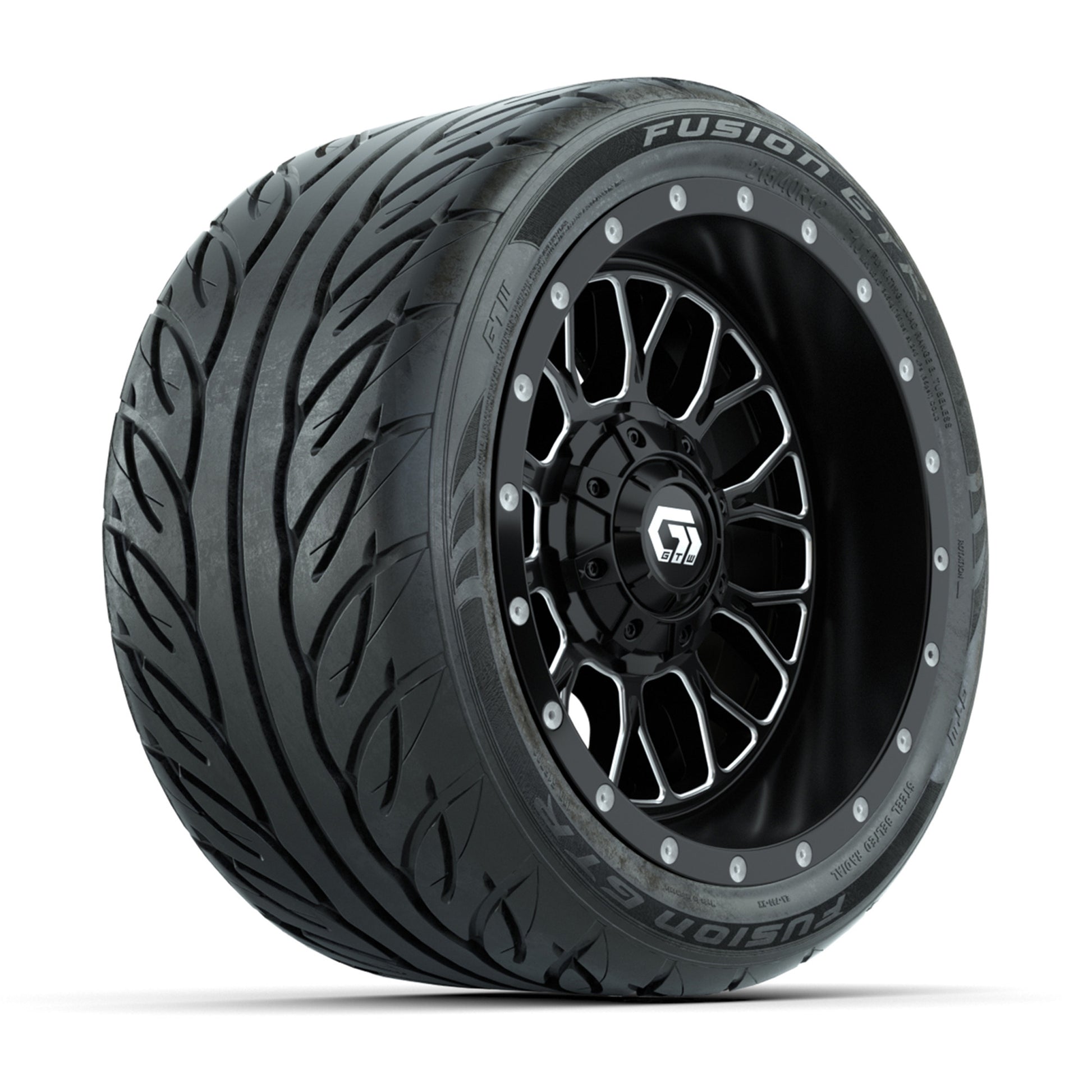 GTW® Helix Black/Machined 12 in Wheels with 215/40-R12 Fusion GTR Steel Belt Radial Street Tires – Full Set