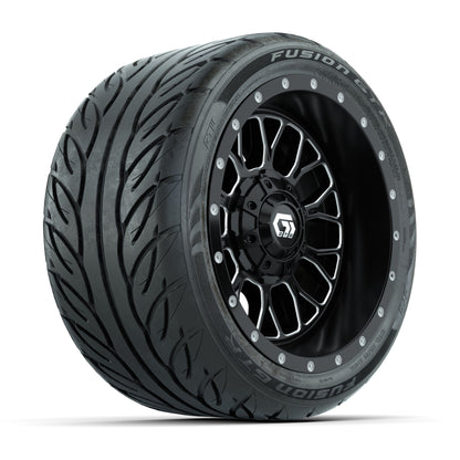 GTW® Helix Black/Machined 12 in Wheels with 215/40-R12 Fusion GTR Steel Belt Radial Street Tires – Full Set