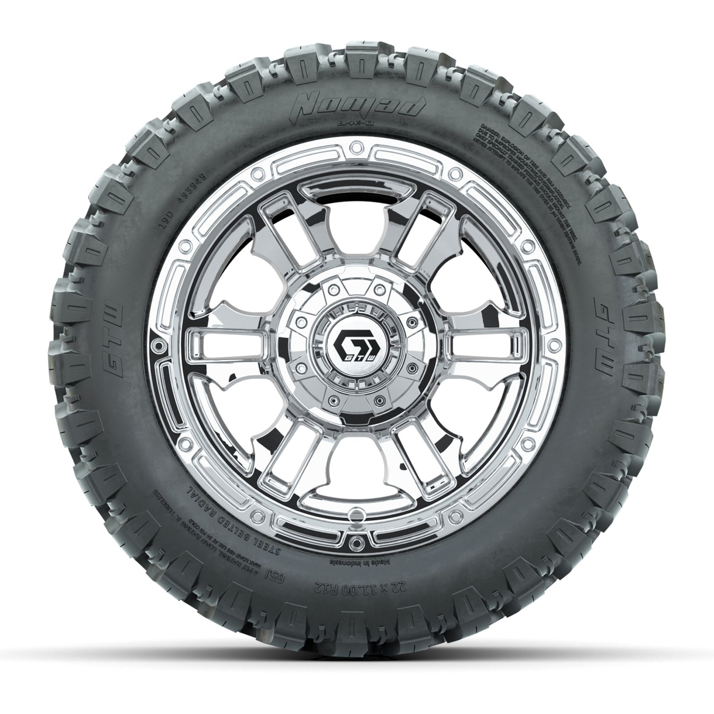 GTW® Shogun Chrome 12 in Wheels with 22X11-R12 Nomad Steel Belt Radial All-Terrain Tires – Full Set