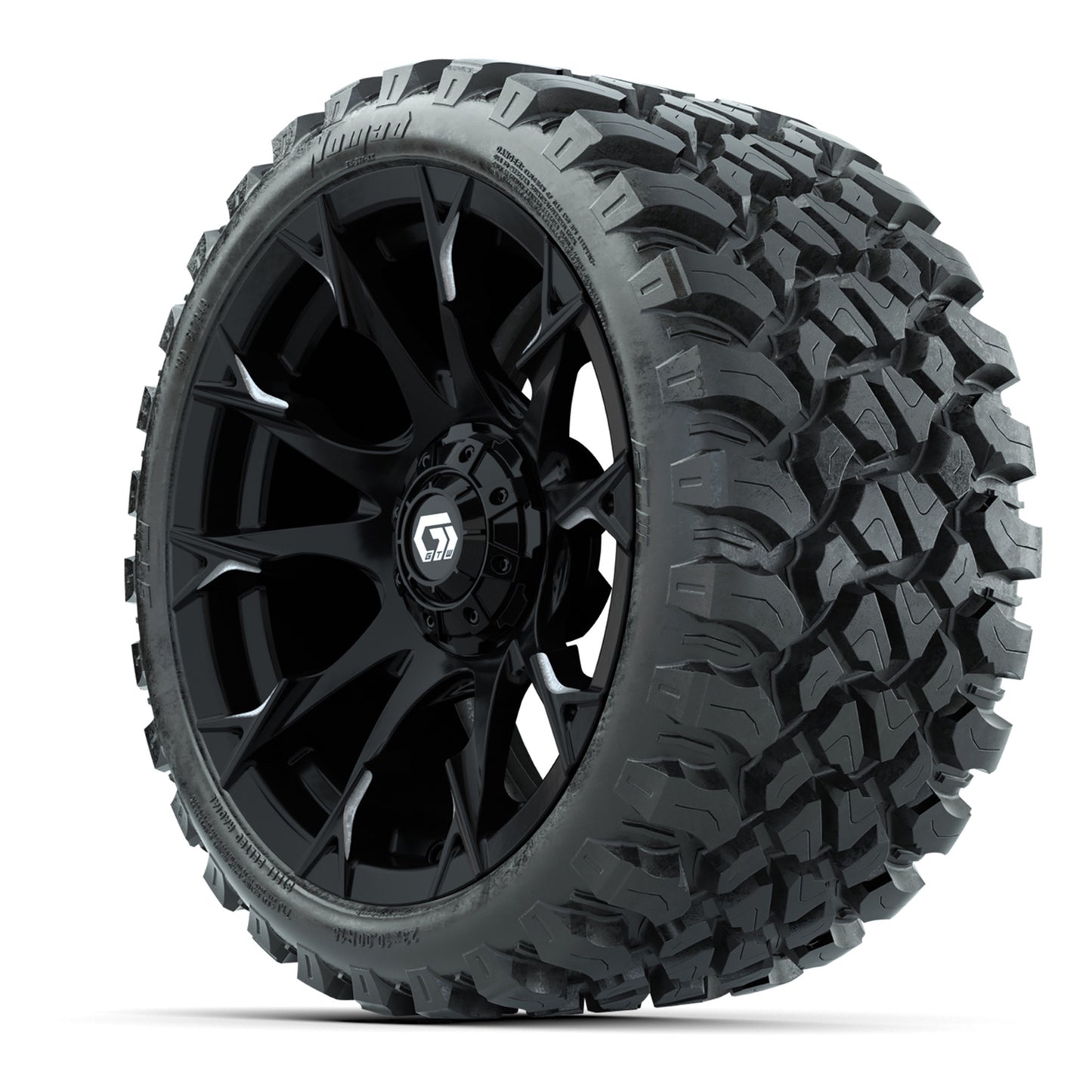 GTW® Diablo Gloss Black/Machined 15 in Wheels with 23x10-R15 Nomad Steel Belted Radial All-Terrain Tires – Full Set