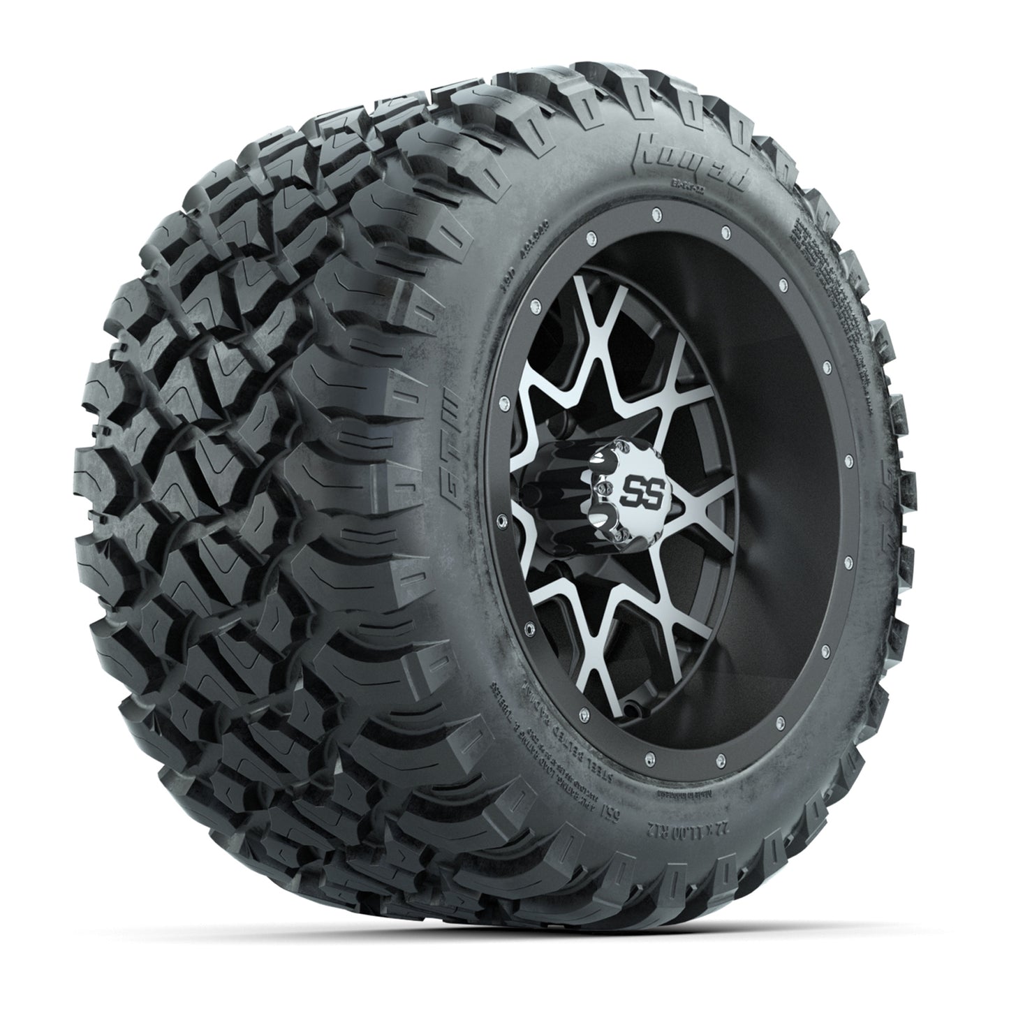 GTW® Vortex 2 Matte Gray/Machined 12 in Wheels with 22X11-R12 Nomad Steel Belt Radial All-Terrain Tires – Full Set