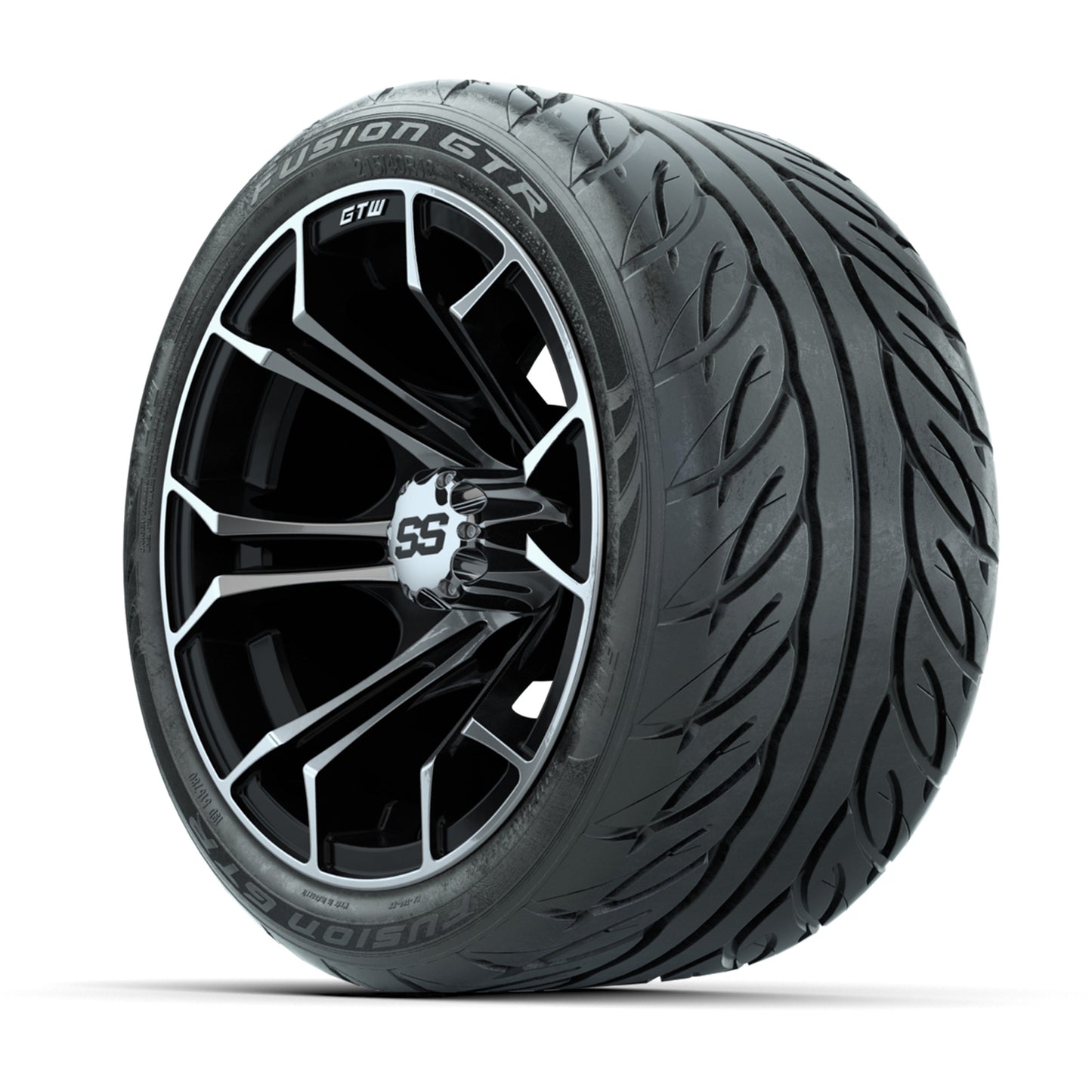 GTW® Spyder Black/Machined 12 in Wheels with 215/40-R12 Fusion GTR Steel Belt Radial Street Tires – Full Set