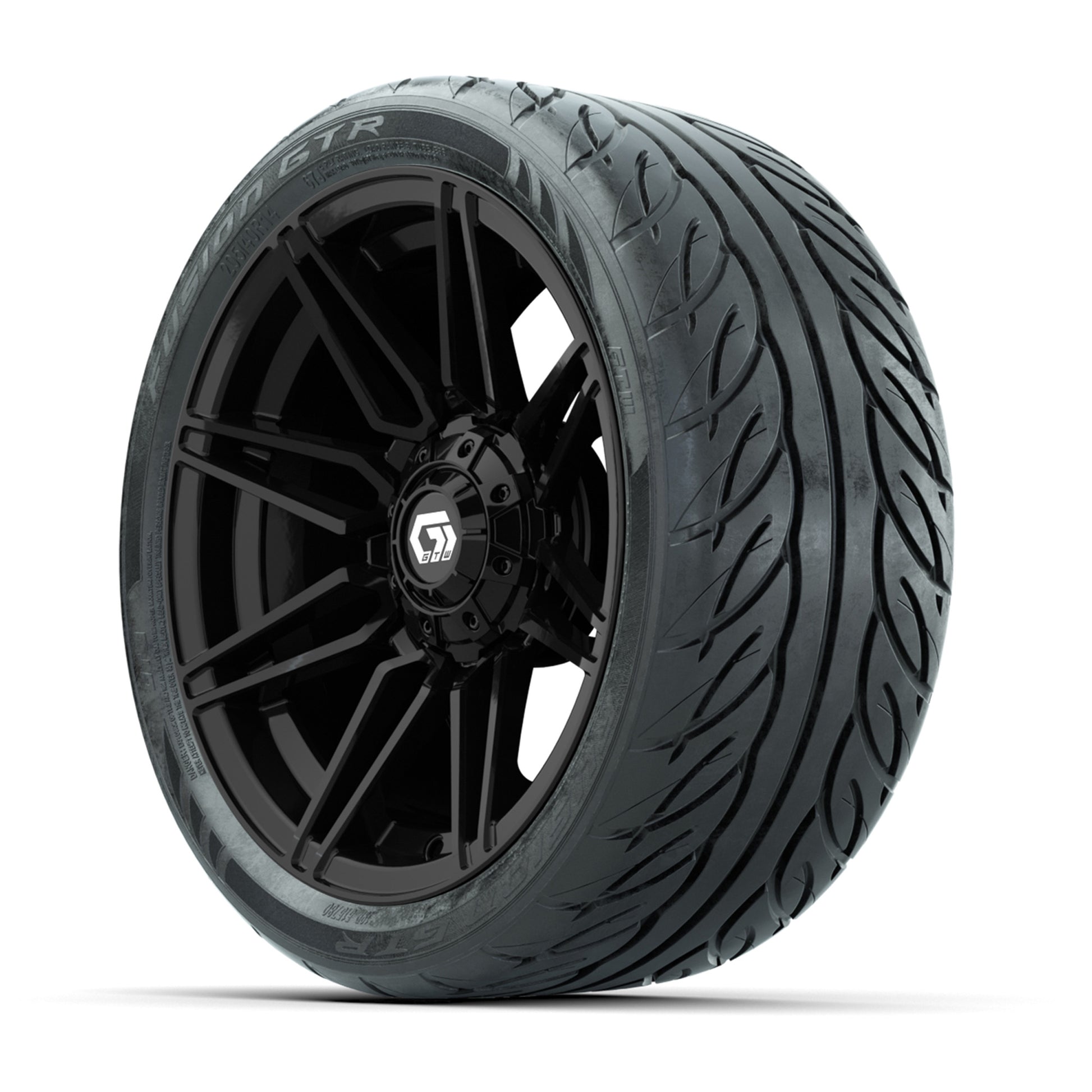 GTW® Stealth Gloss Black 14 in Wheels with 205/40-R14 Fusion GTR Steel Belted Street Tires – Full Set