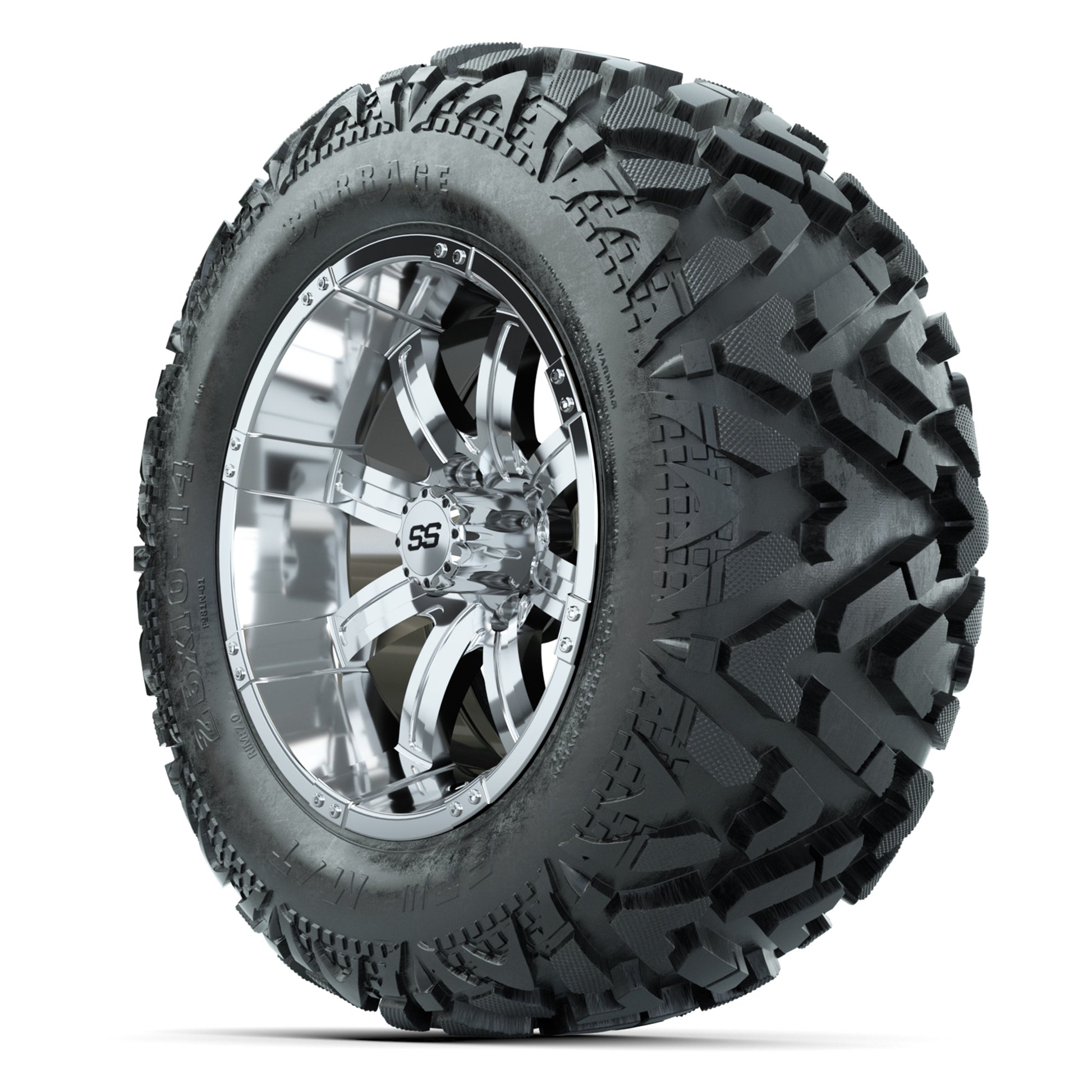 GTW Tempest Chrome 14 in Wheels with 25x10-14 Barrage Mud Tires – Full Set