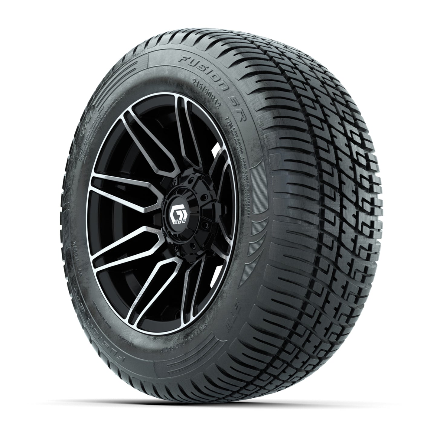 GTW® Stealth Black/Machined 12 in Wheels with 215/50-R12 Fusion S/R Steel Belt Radial Tires – Full Set