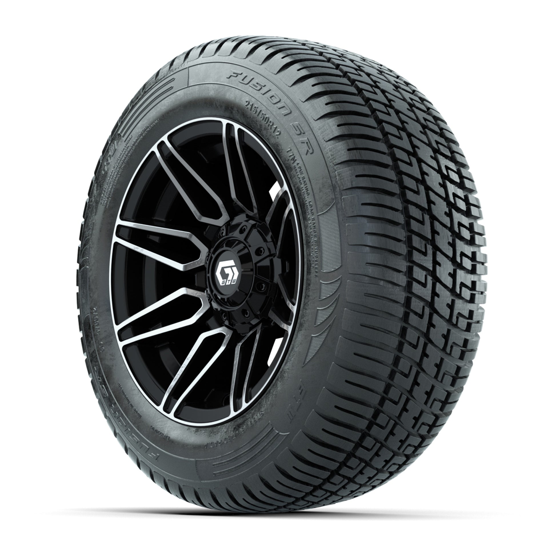 GTW® Stealth Black/Machined 12 in Wheels with 215/50-R12 Fusion S/R Steel Belt Radial Tires – Full Set