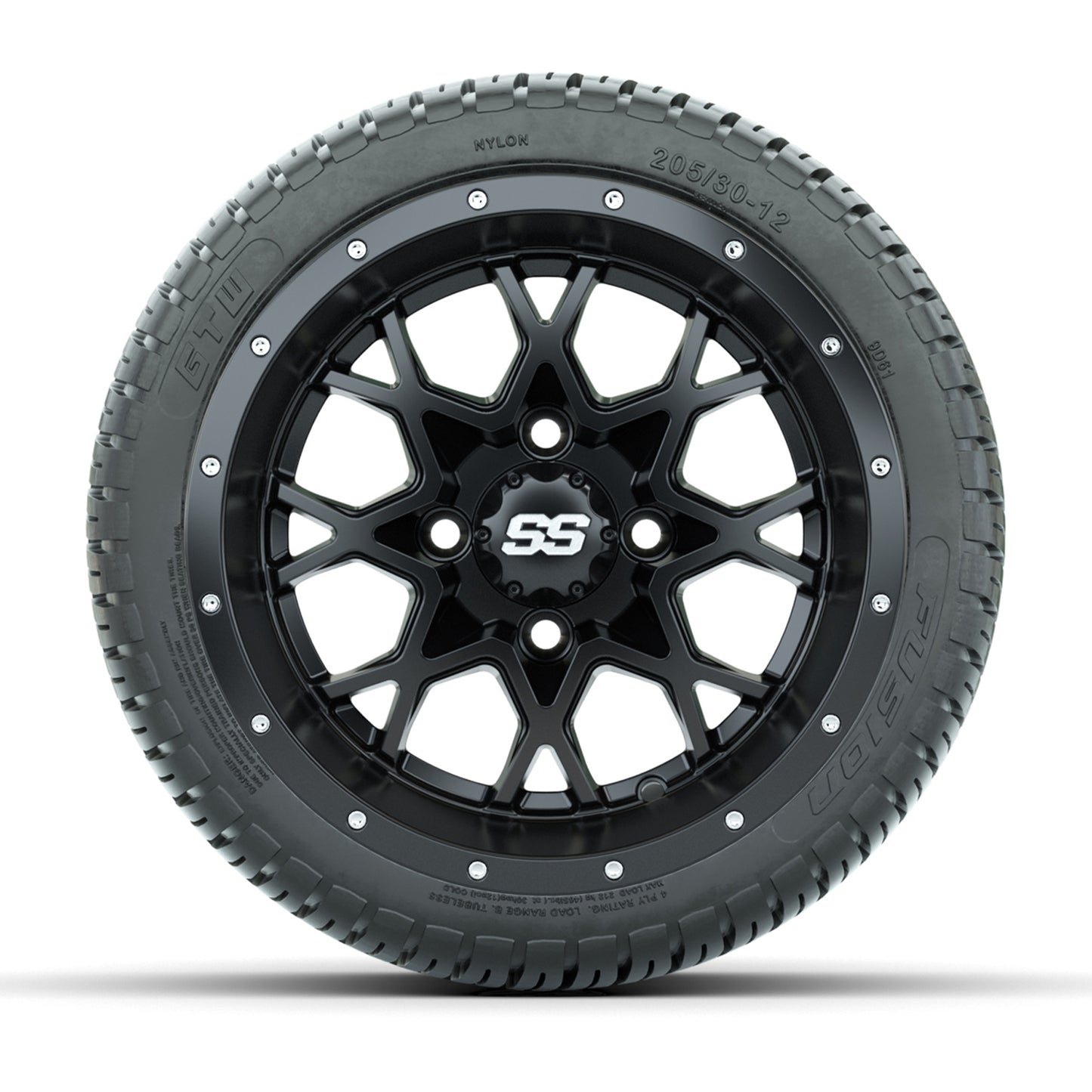 GTW® Vortex 2 Matte Black/Machined 12 in Wheels with 205/30-12 Fusion Street Tires – Full Set
