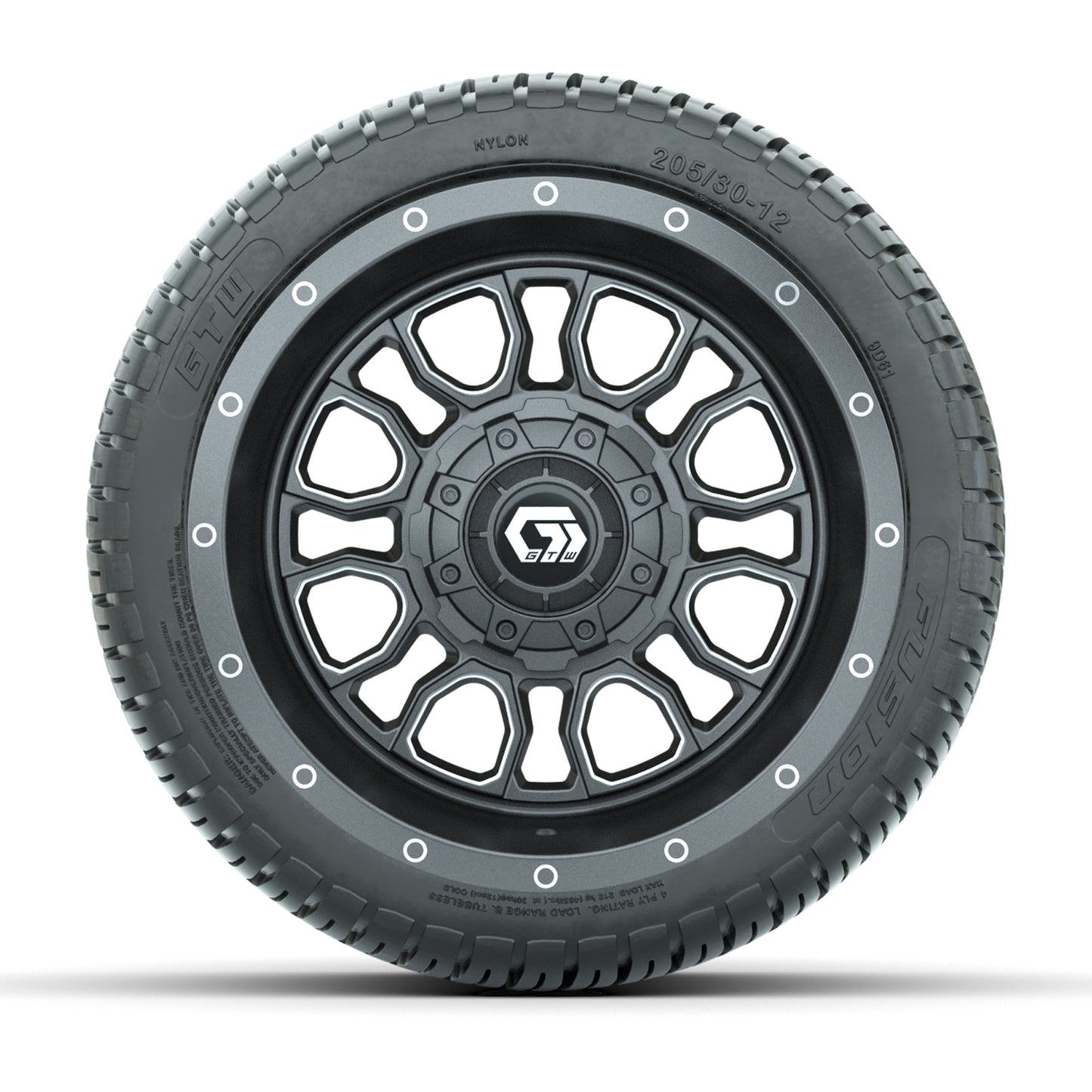 GTW® Volt Gunmetal 12 in Wheels with 205/30-12 Fusion Street Tires – Full Set