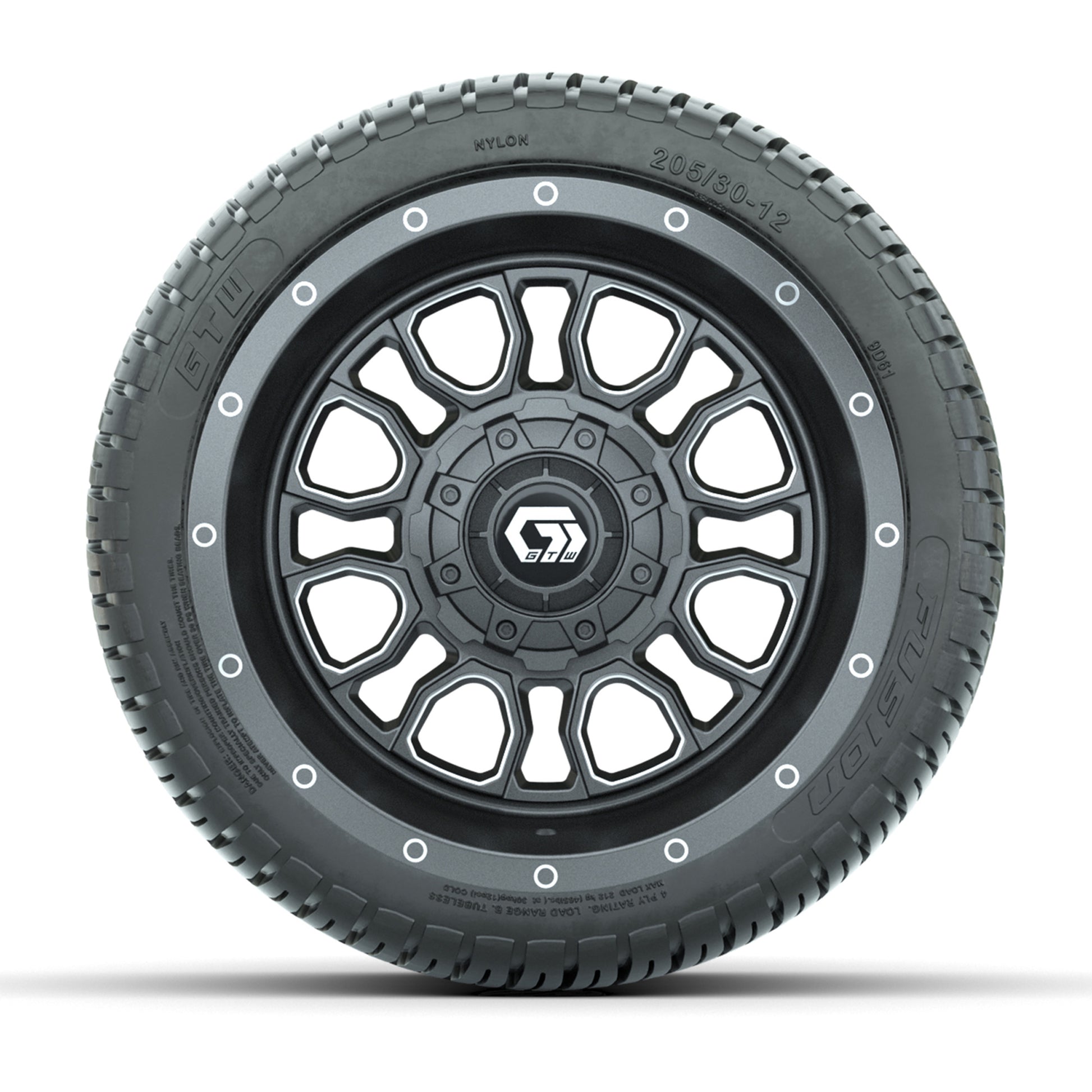 GTW® Volt Gunmetal 12 in Wheels with 205/30-12 Fusion Street Tires – Full Set