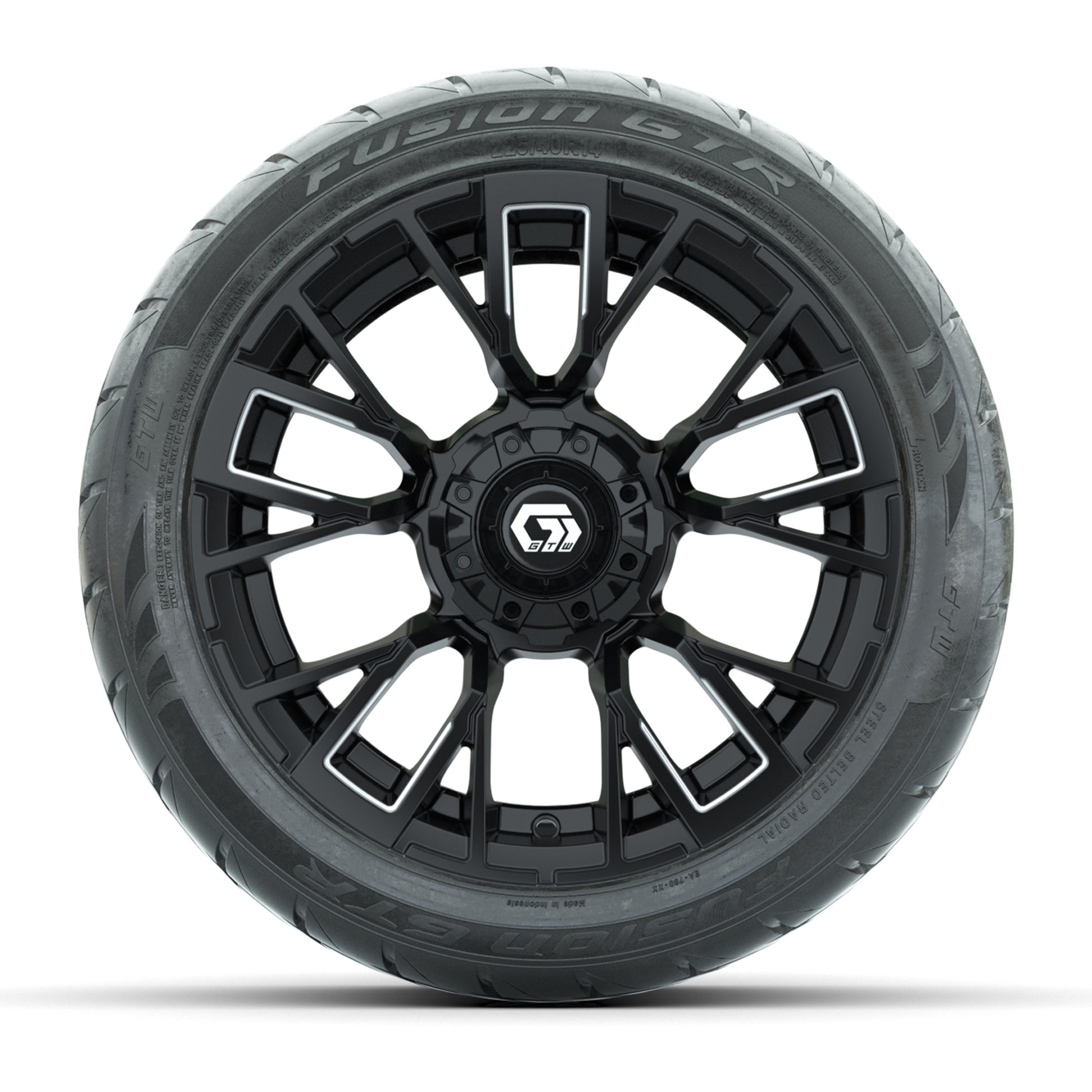 GTW® Vandal Matte Black/Machined 14 in Wheels with 225/40-R14 Fusion GTR Steel Belt Radial Street Tires – Full Set
