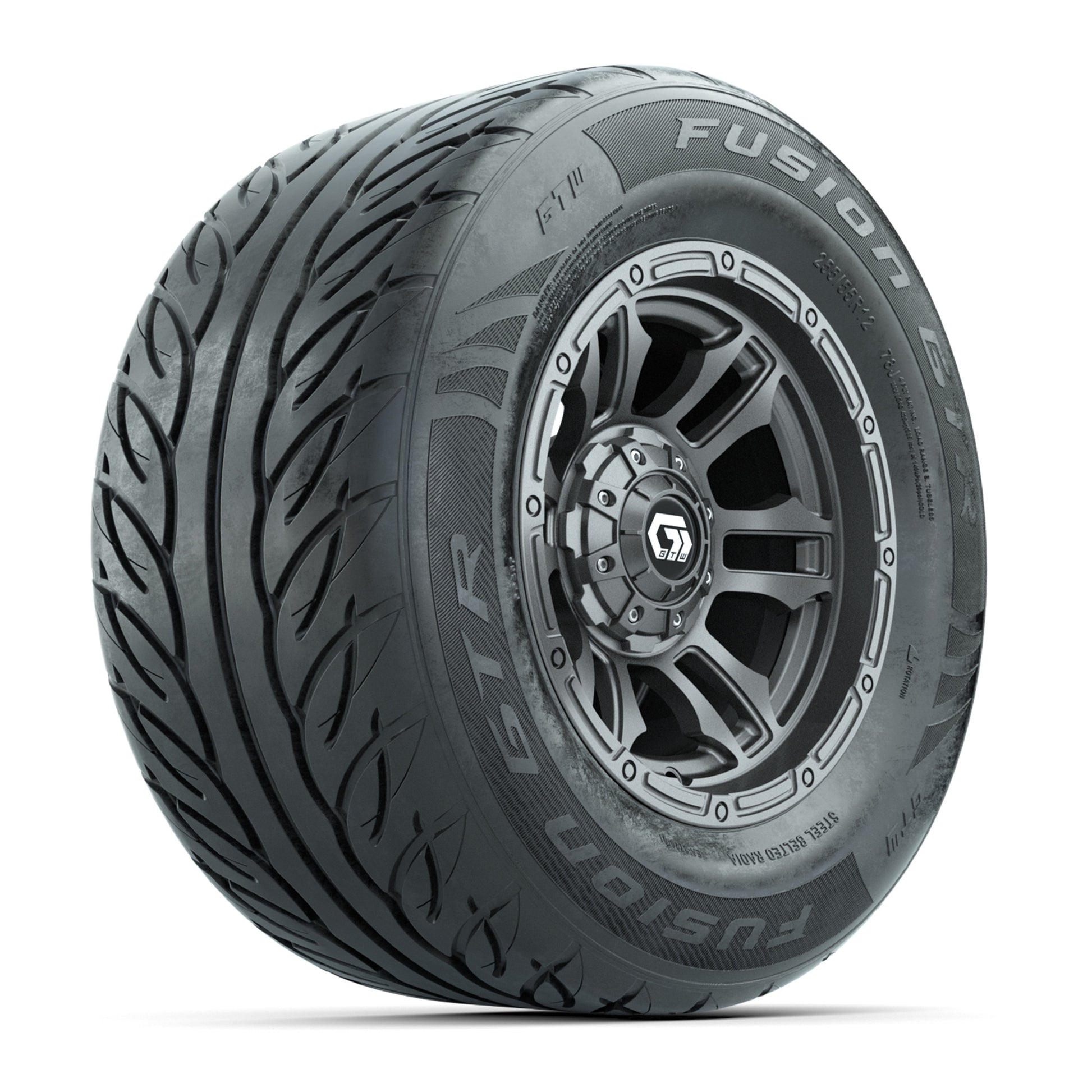 GTW® Shogun Gunmetal 12 in Wheels with 255/55-R12 Fusion GTR Steel Belt Radial Street Tires – Full Set