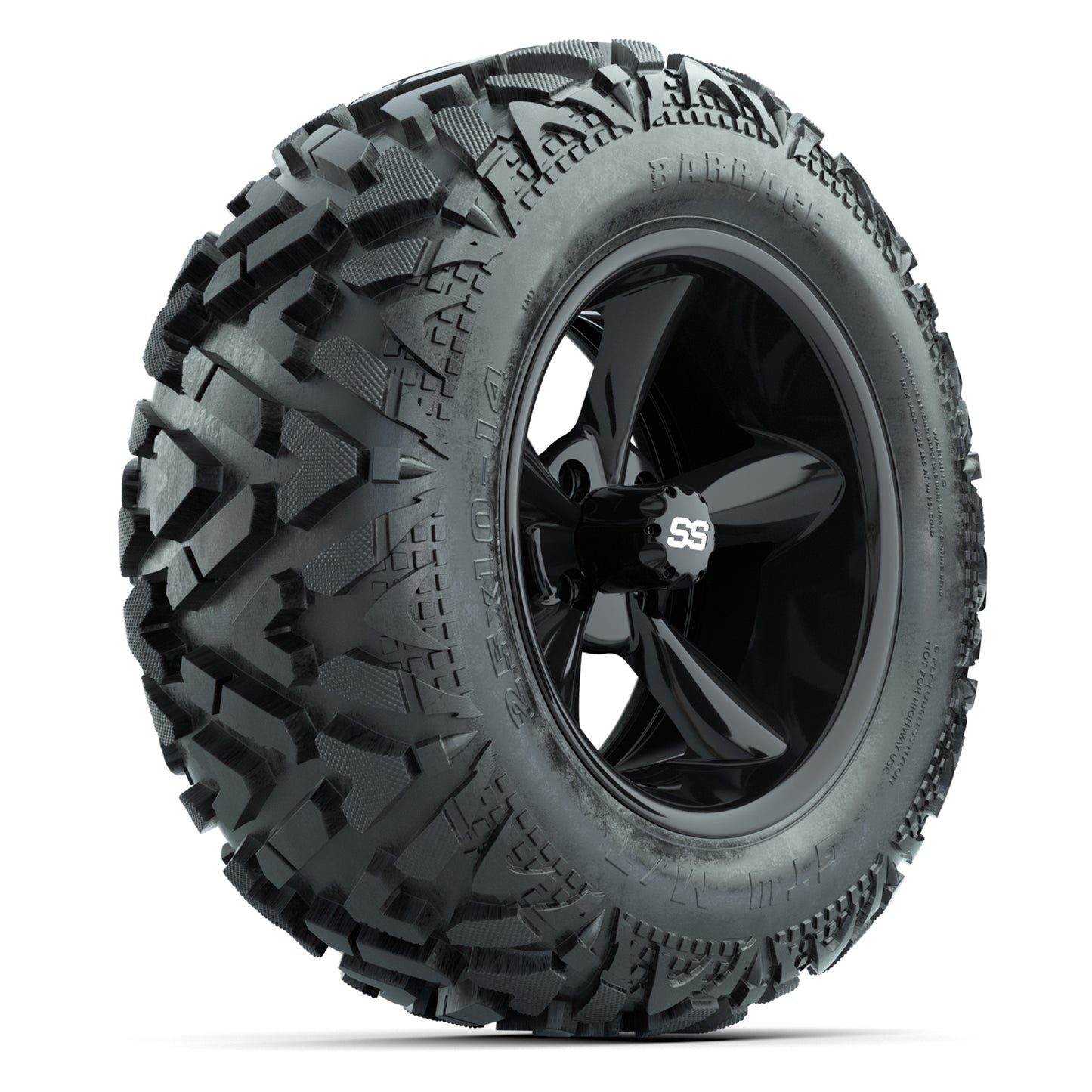 GTW Godfather Black 14 in Wheels with 25x10-14 Barrage Mud Tires – Full Set