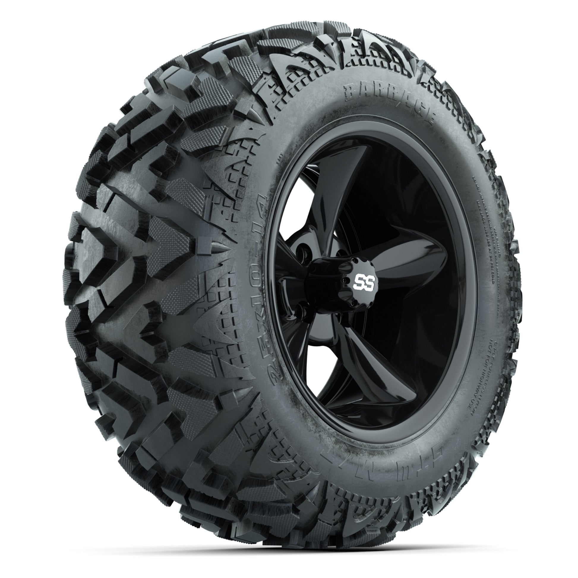 GTW Godfather Black 14 in Wheels with 25x10-14 Barrage Mud Tires – Full Set