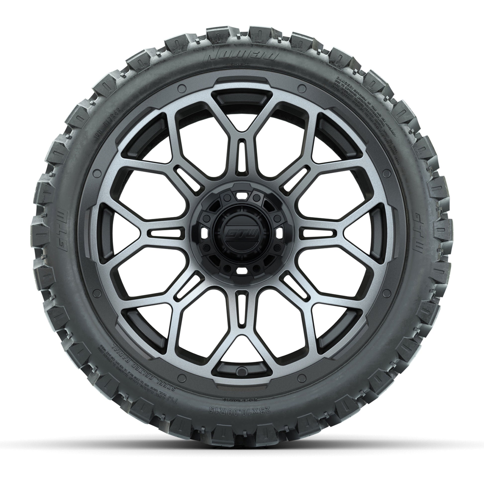 Set of (4) 15″ GTW Bravo Matte Gray Wheels with 23x10-R15 Nomad All-Terrain Tires