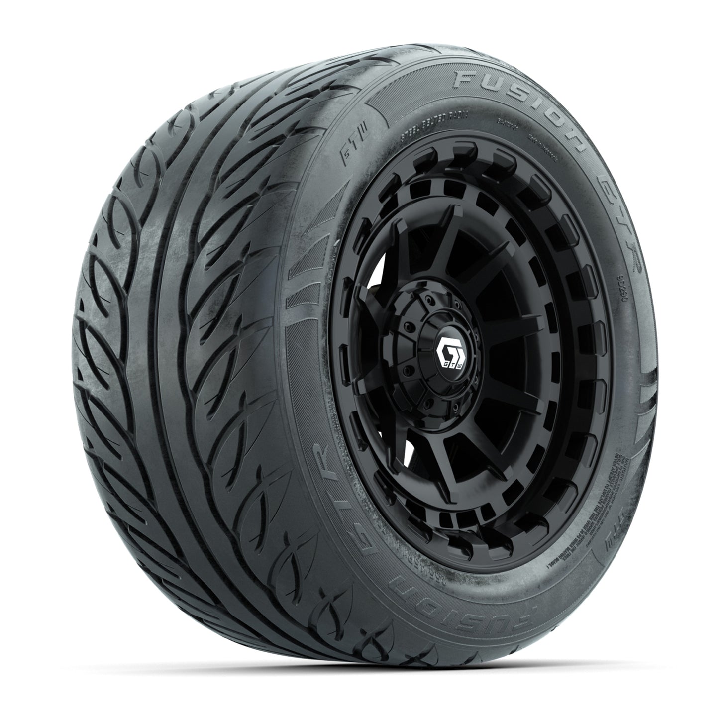 GTW® Barricade Black 14 in Wheels with 255/45-R14 Fusion GTR Steel Belt Radial Street Tires – Full Set