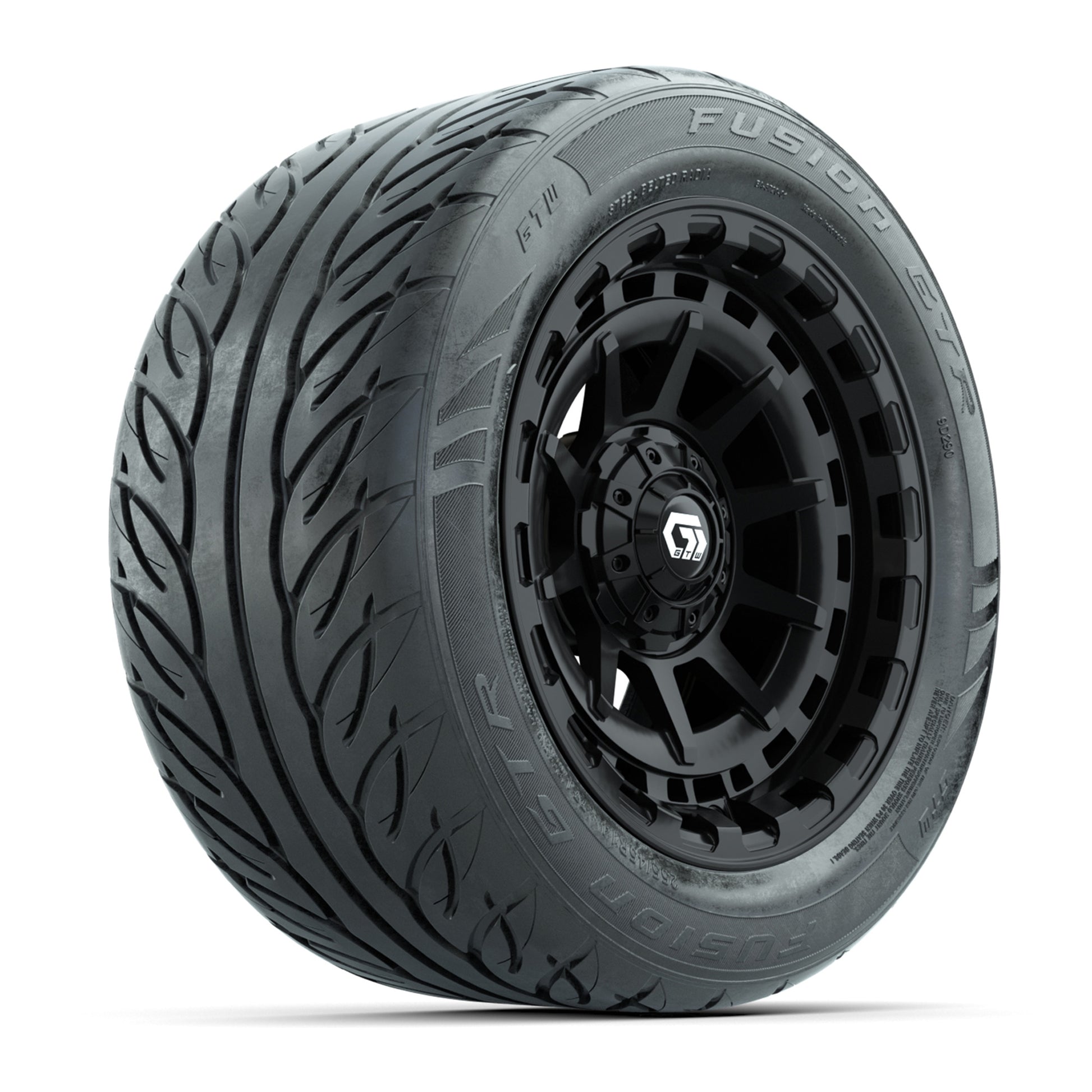 GTW® Barricade Black 14 in Wheels with 255/45-R14 Fusion GTR Steel Belt Radial Street Tires – Full Set