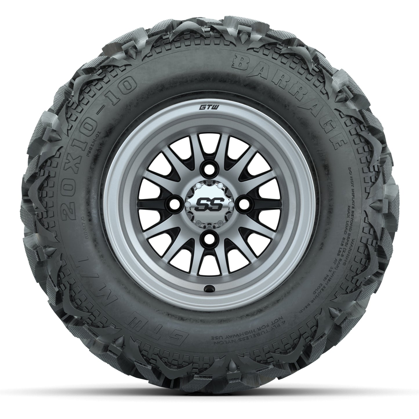 GTW Medusa Black/Machined 10 in Wheels with 20x10-10 Barrage Mud Tires – Full Set
