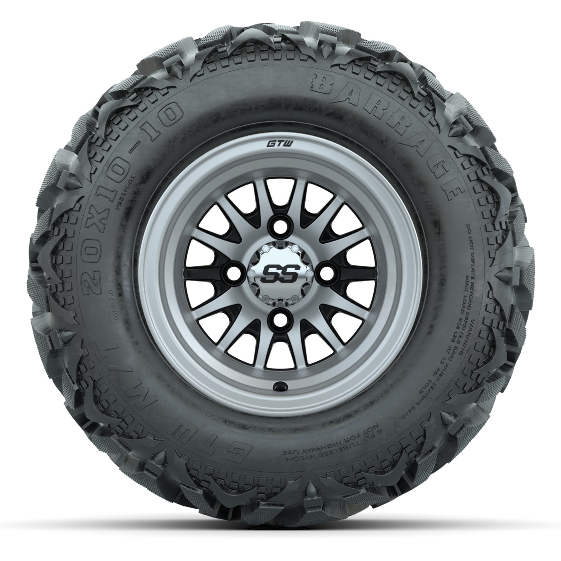 GTW Medusa Black/Machined 10 in Wheels with 20x10-10 Barrage Mud Tires – Full Set