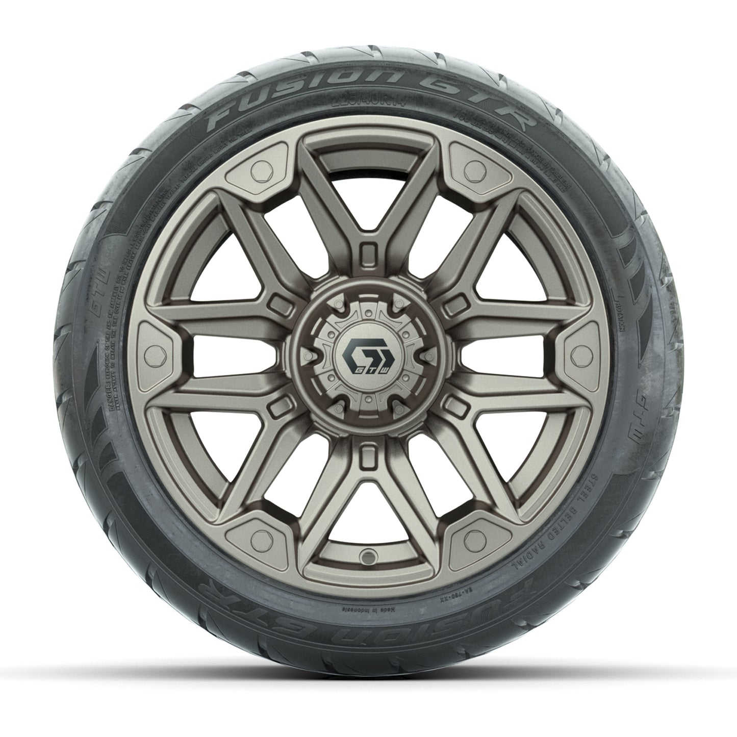 GTW® Graffiti Bronze/Black 14 in Wheels with 225/40-R14 Fusion GTR Steel Belt Radial Street Tires – Full Set