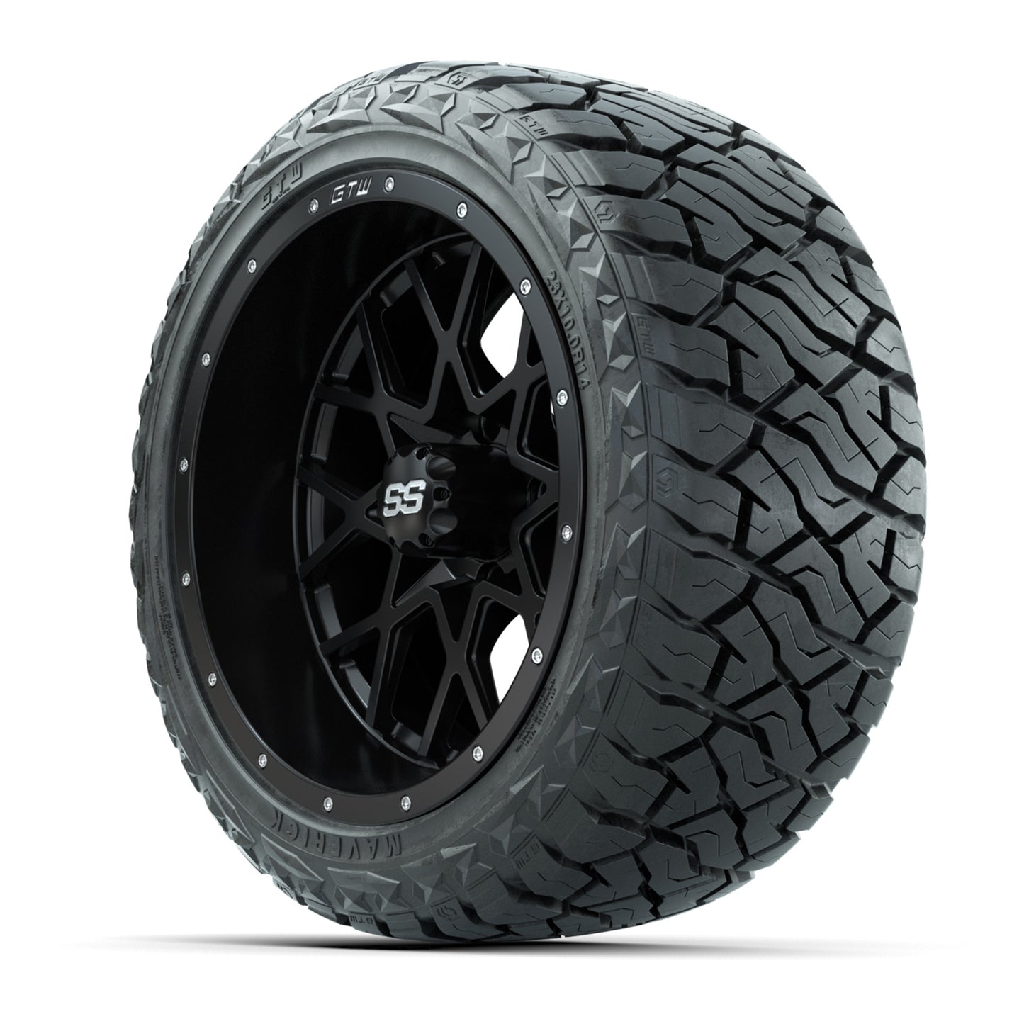 GTW Vortex Matte Black 14 in Wheels with 23x10.00-R14 Maverick All-Terrain Tires – Full Set