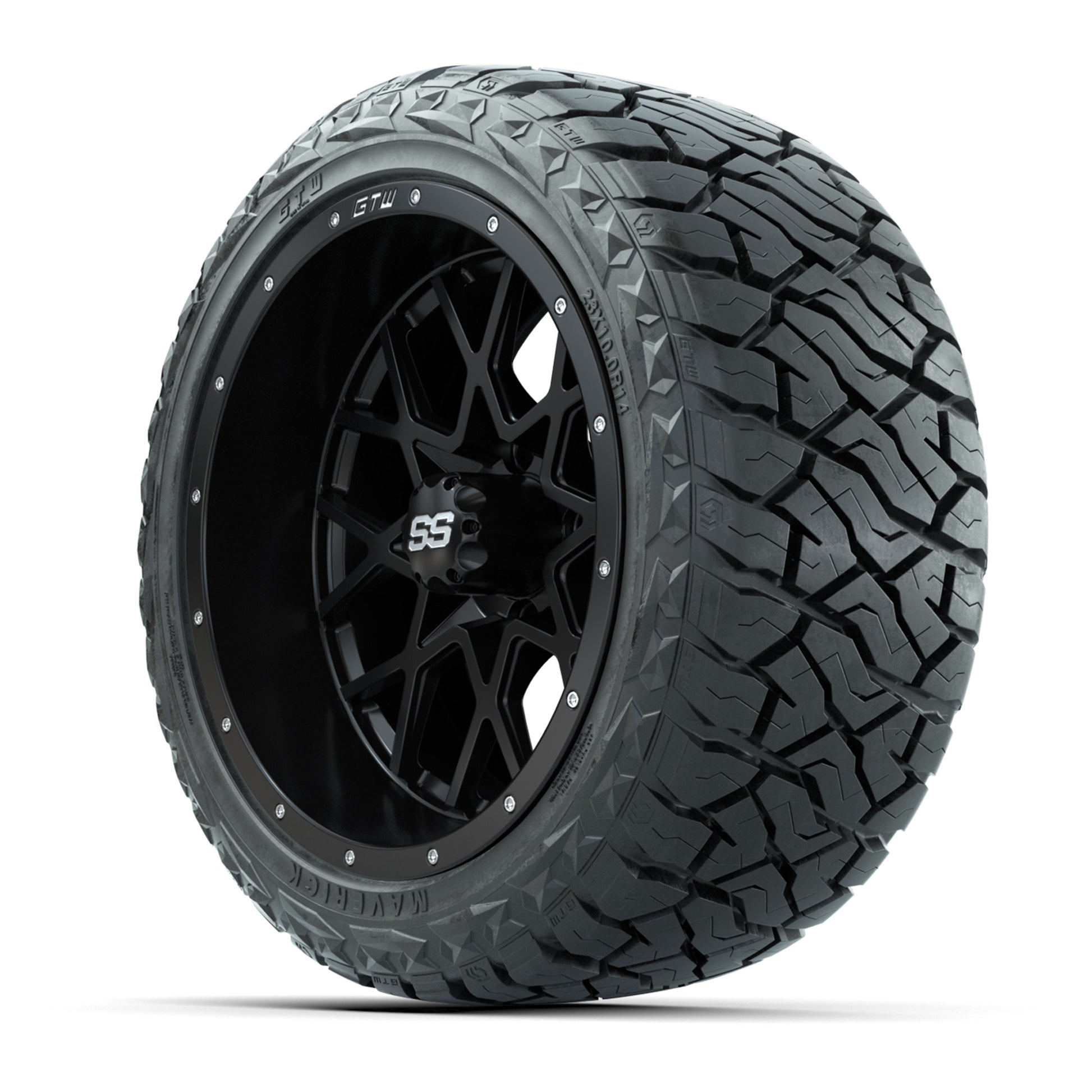 GTW Vortex Matte Black 14 in Wheels with 23x10.00-R14 Maverick All-Terrain Tires – Full Set