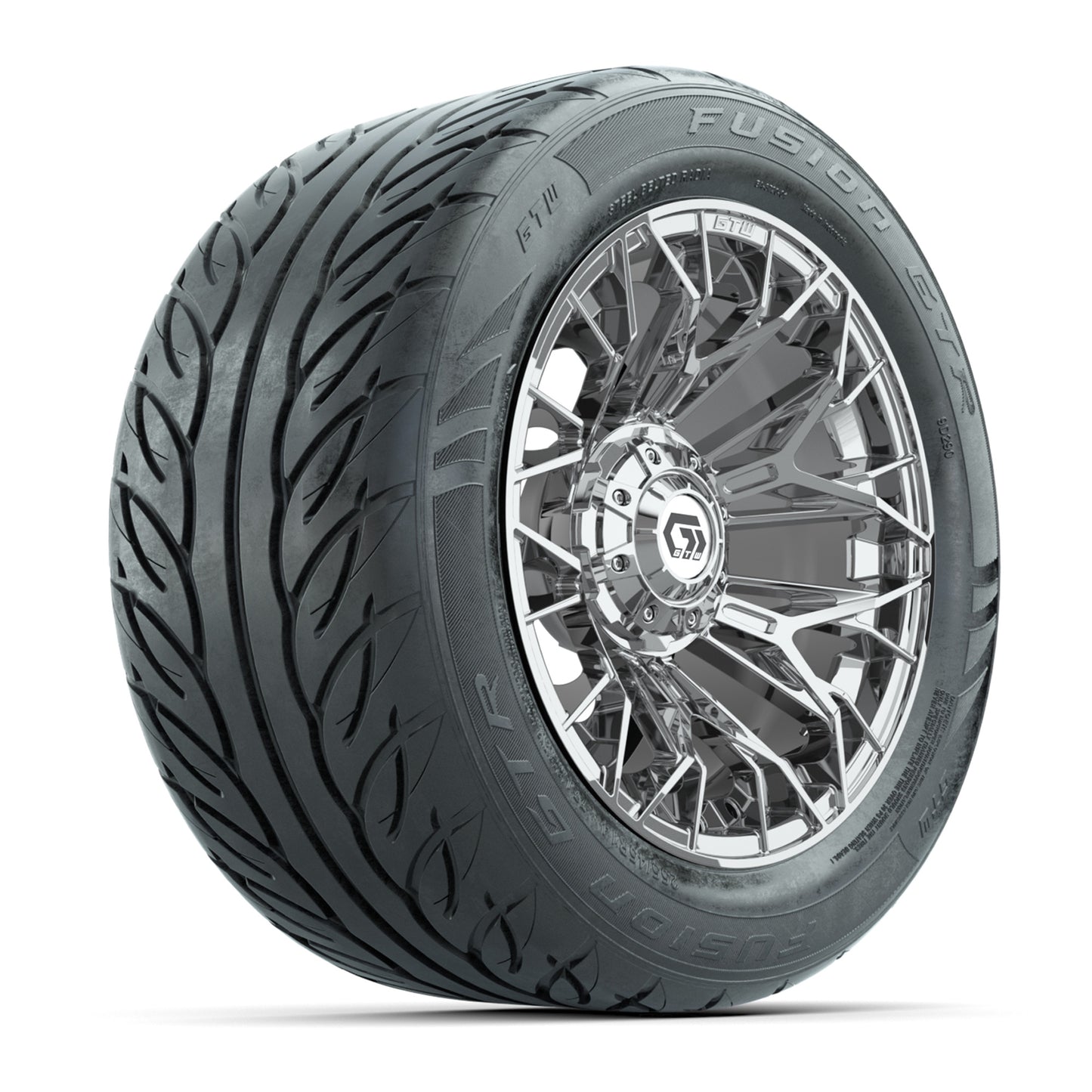 GTW® Stellar Chrome 14 in Wheels with 255/45-R14 Fusion GTR Steel Belt Radial Street Tires – Full Set