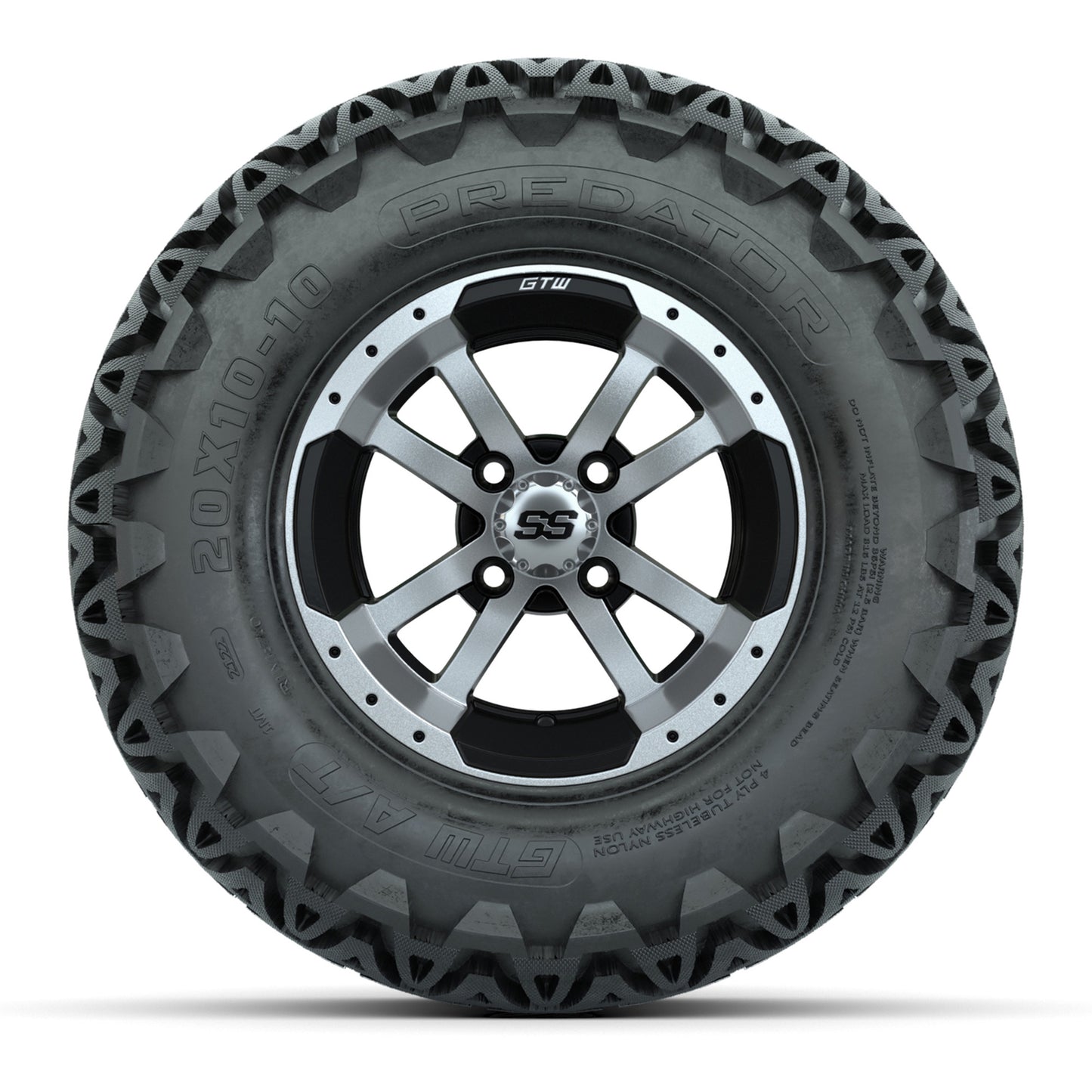 Set of 4 GTW 10in Storm Trooper Black and Machined Wheels with 20in Predator A-T Tires