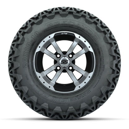 Set of 4 GTW 10in Storm Trooper Black and Machined Wheels with 20in Predator A-T Tires