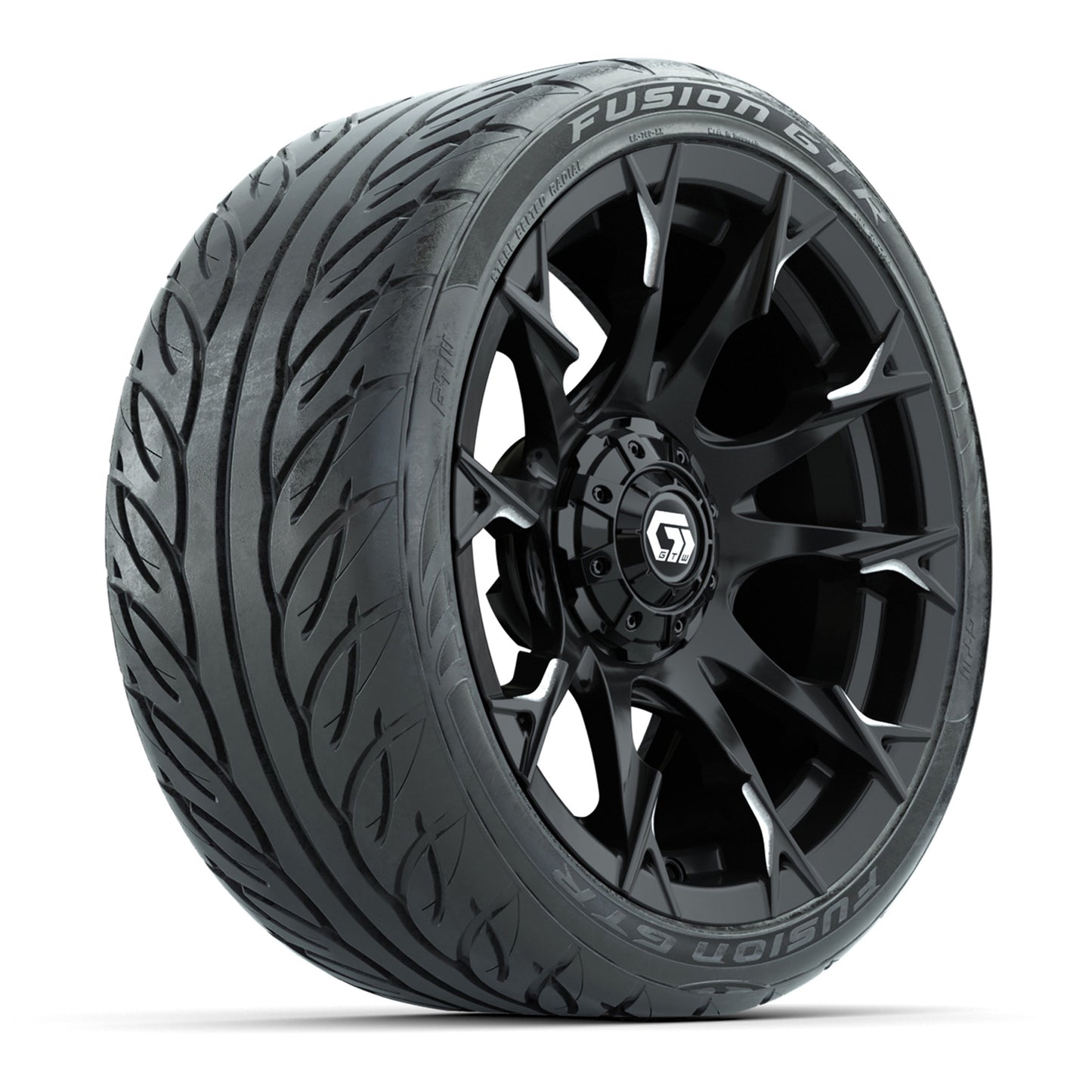 GTW® Diablo Gloss Black/Machined 15 in Wheels with 215/40-R15 Fusion GTR Steel Belted Street Tires – Full Set