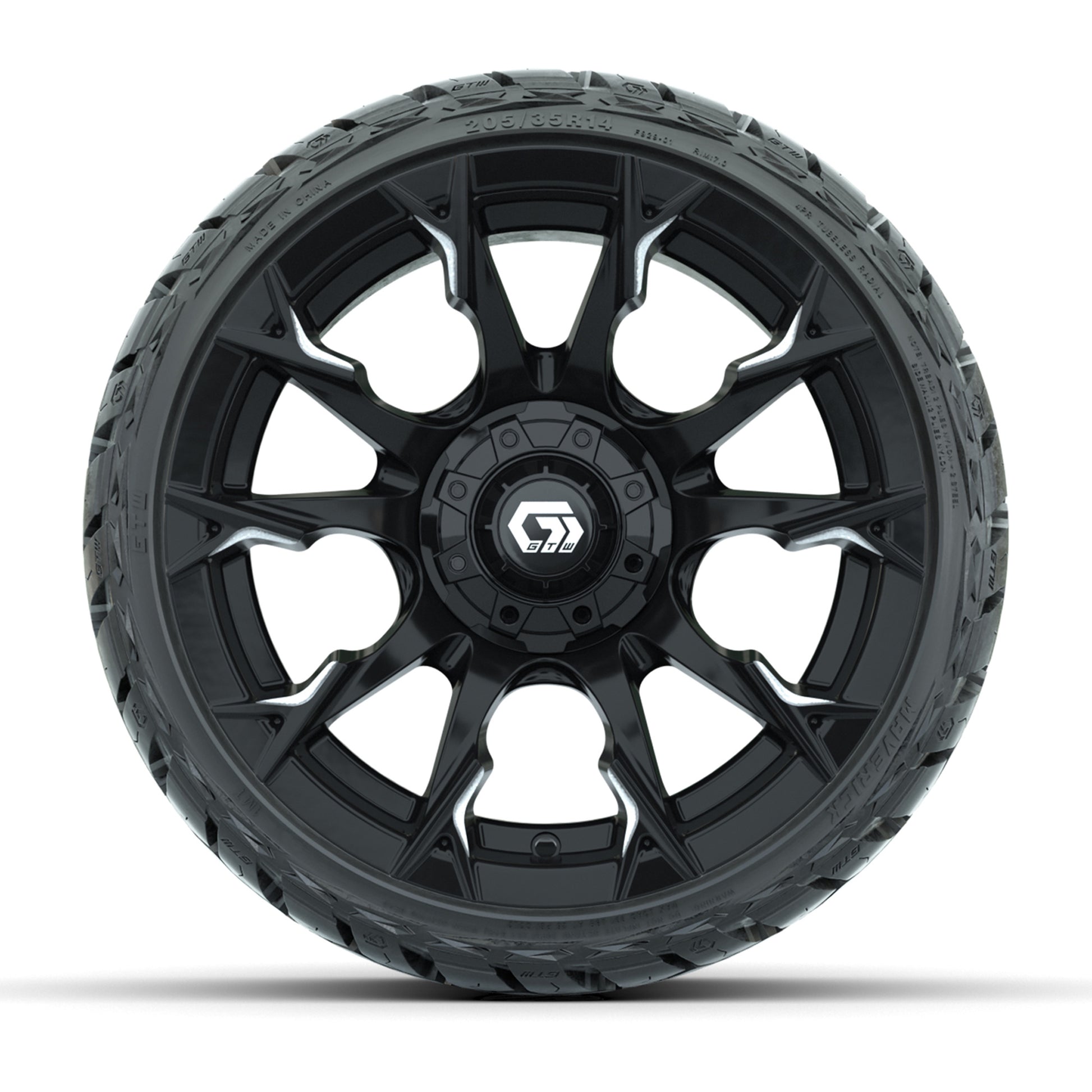 GTW Diablo Gloss Black/Machined 14 in Wheels with 205/35-R14 Maverick Low-Profile All-Terrain Tires – Full Set
