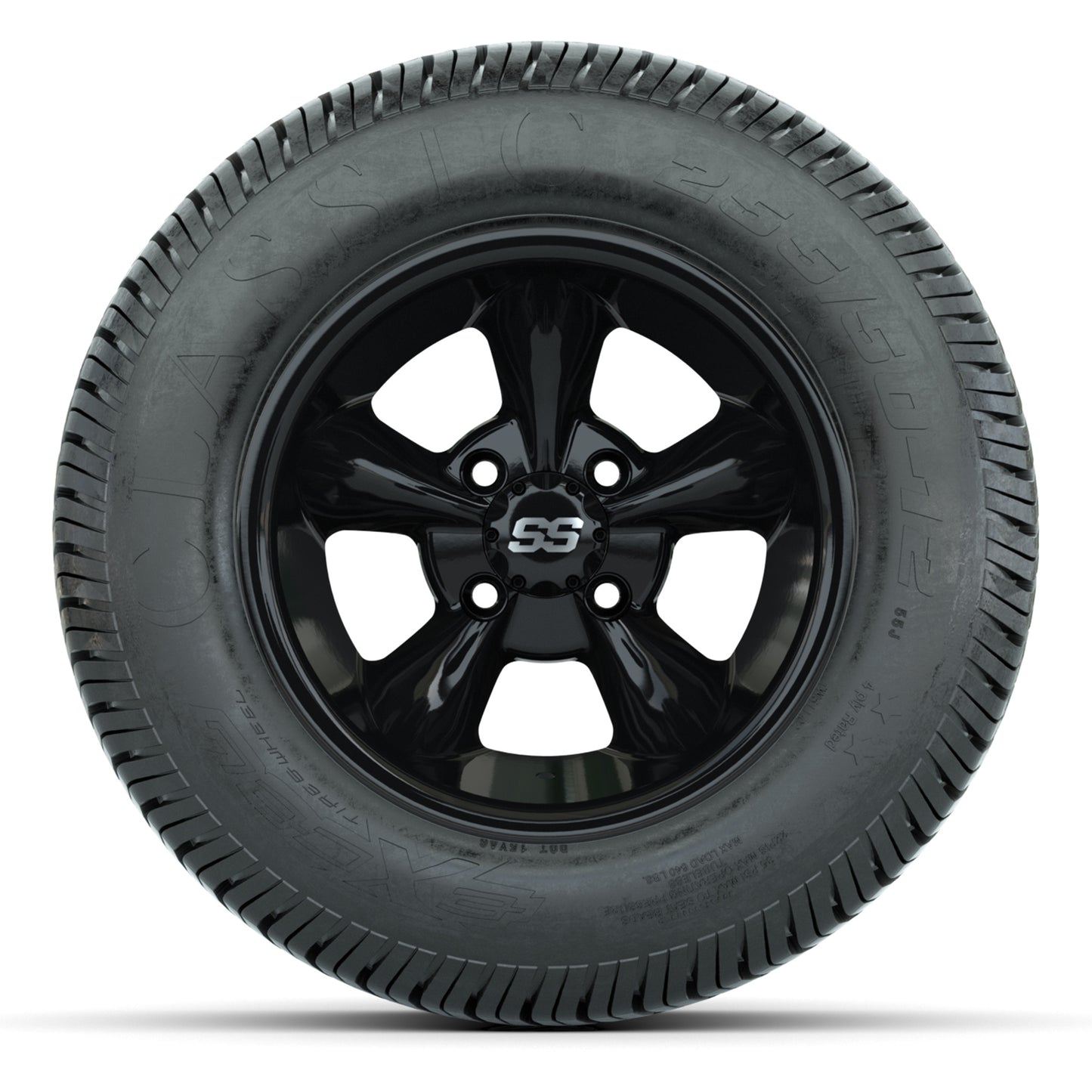 GTW® Godfather Black 12 in Wheels with 255/50-12 Excel Classic Street Tires – Full Set