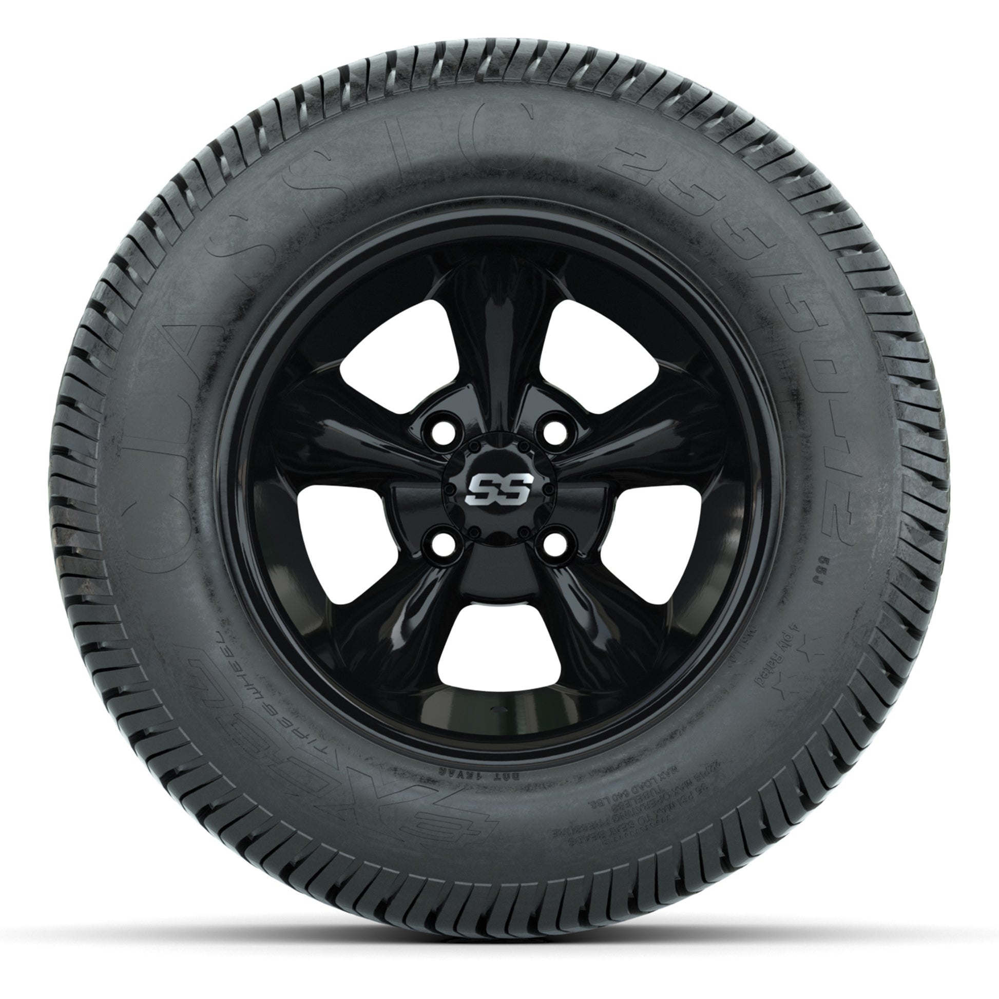 GTW® Godfather Black 12 in Wheels with 255/50-12 Excel Classic Street Tires – Full Set