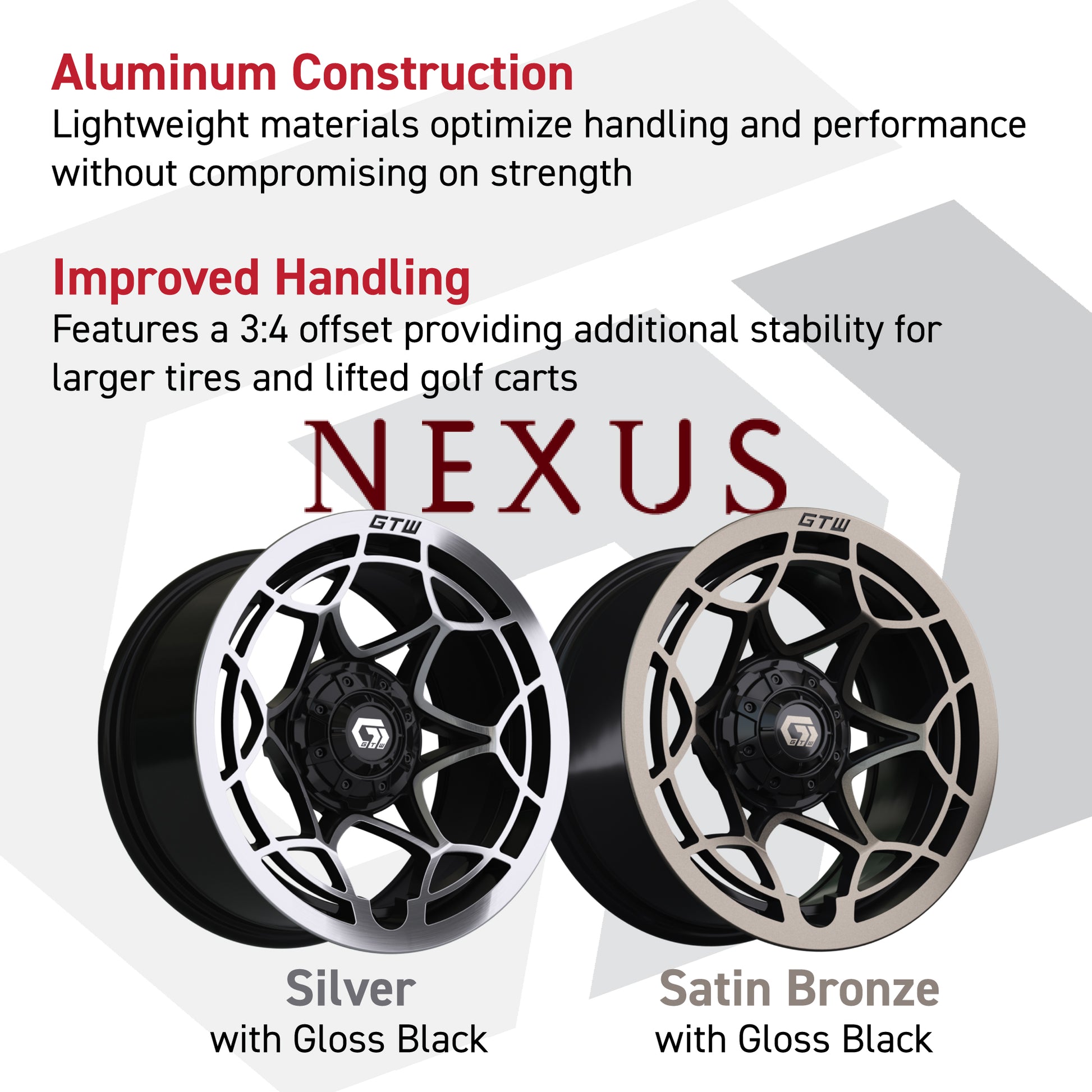 GTW® Nexus Gloss Black 12 in Wheels with 22x10-12 Timberwolf All-Terrain Tires – Full Set
