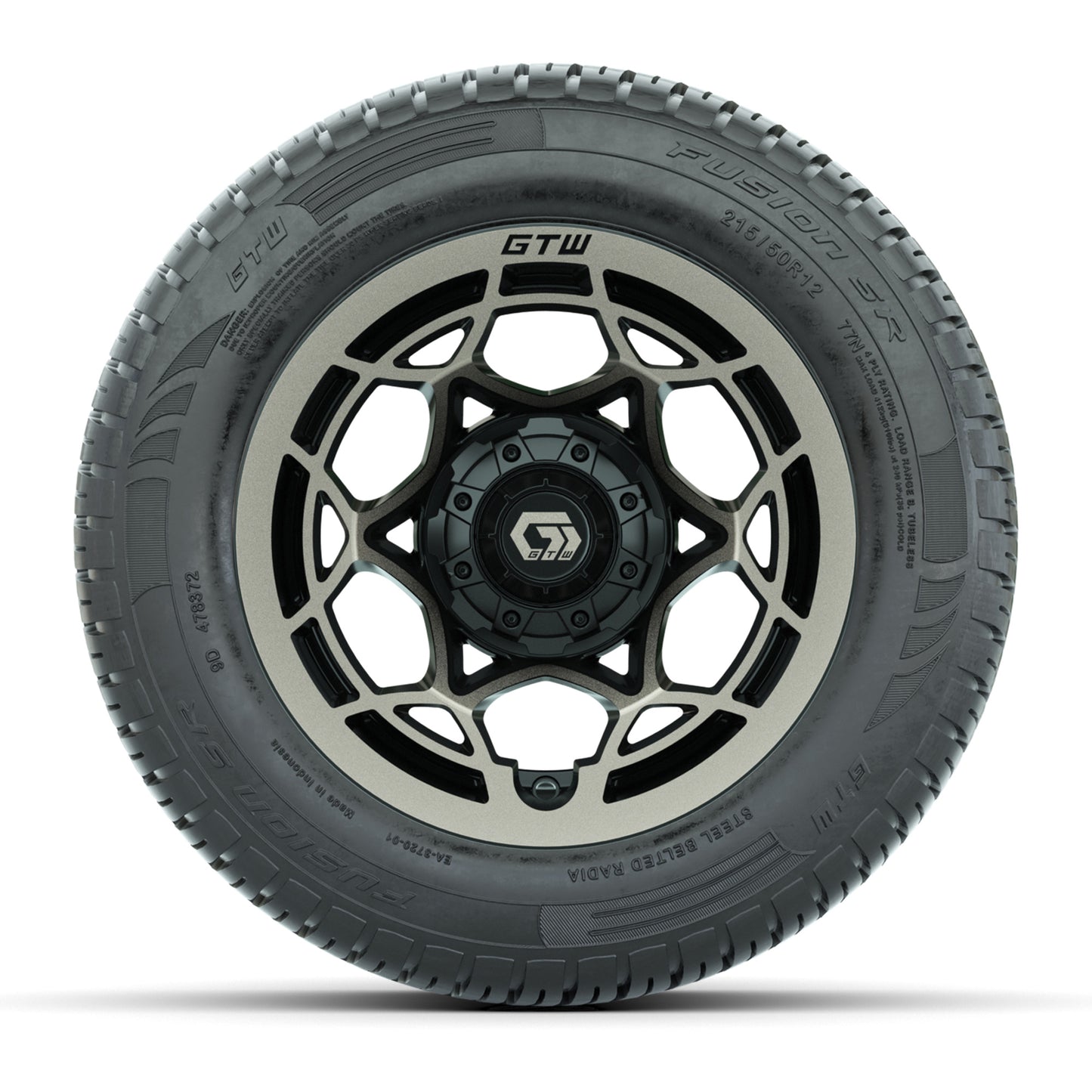 GTW® Nexus Gloss Black/Satin Bronze 12 in Wheels with 215/50-R12 Fusion S/R Steel Belt Radial Tires – Full Set