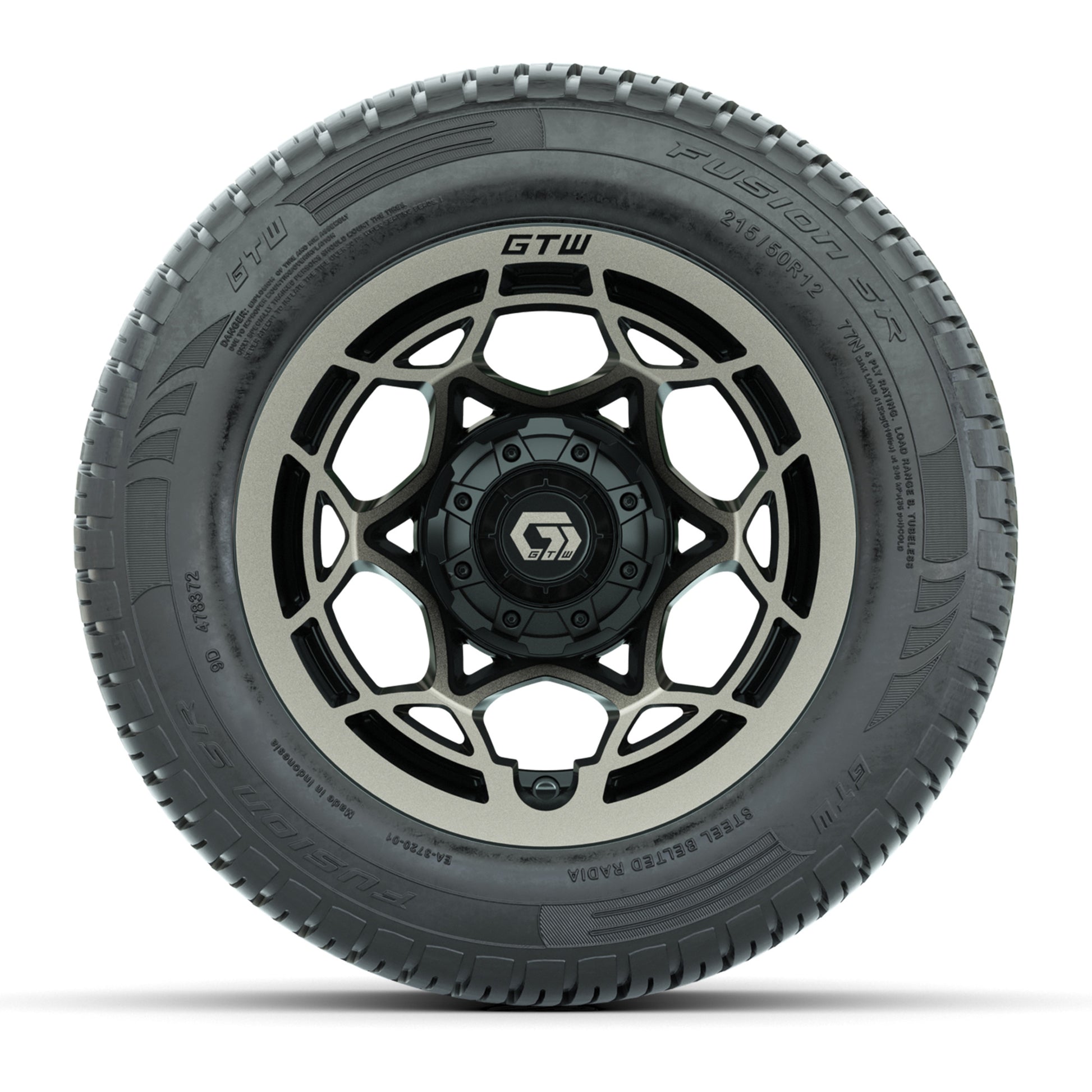 GTW® Nexus Gloss Black/Satin Bronze 12 in Wheels with 215/50-R12 Fusion S/R Steel Belt Radial Tires – Full Set