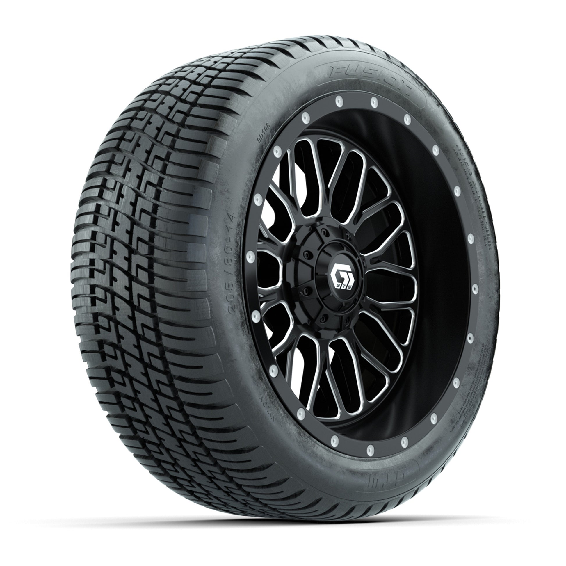 GTW® Helix Black/Machined 14 in Wheels with 205/30-R14 Fusion Street Tires – Full Set