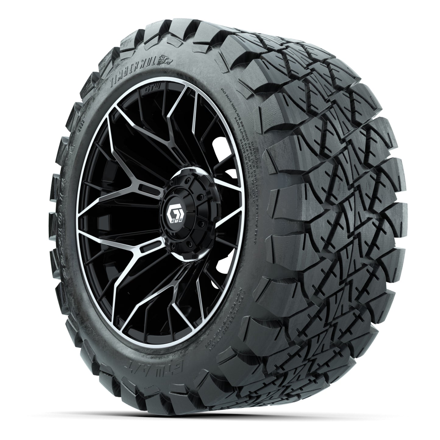 GTW Stellar Black/Machined 14 in Wheels with 22X10-14 Timberwolf All-Terrain Tires – Full Set