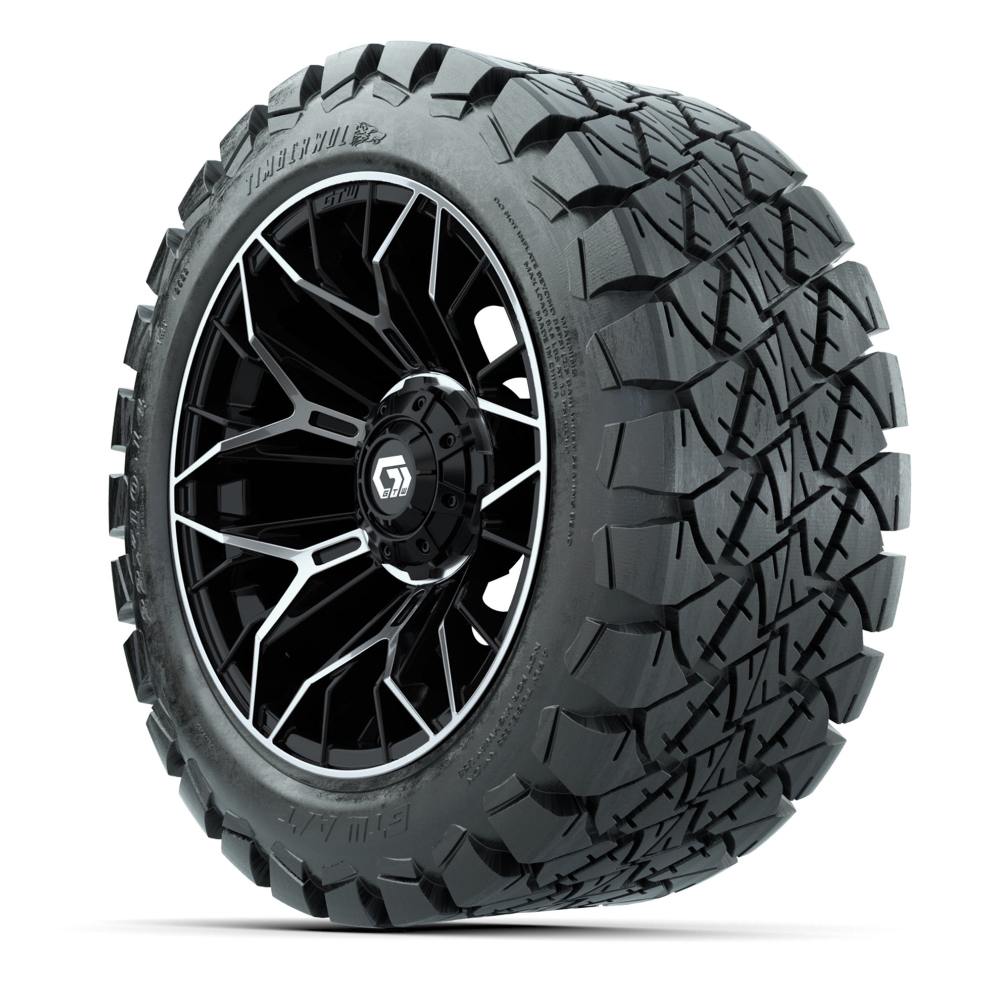 GTW Stellar Black/Machined 14 in Wheels with 22X10-14 Timberwolf All-Terrain Tires – Full Set