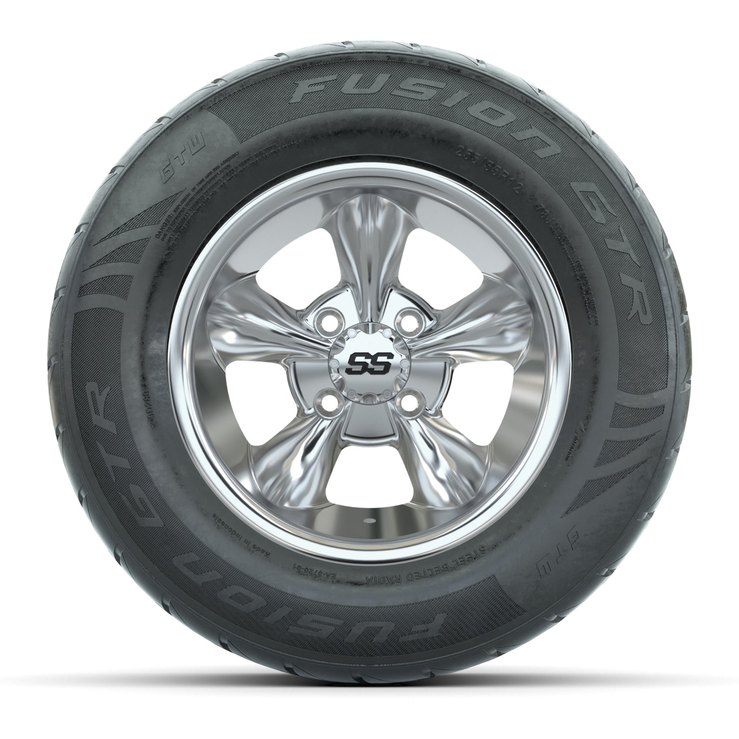 GTW® Godfather Chrome 12 in Wheels with 255/55-R12 Fusion GTR Steel Belt Radial Street Tires – Full Set