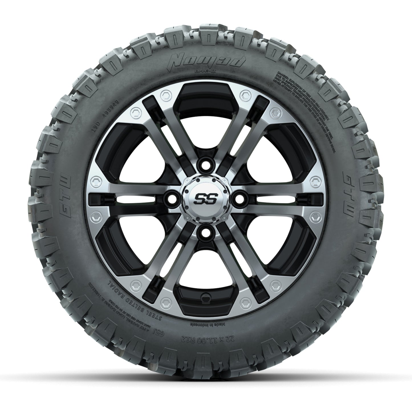 GTW® Specter Black/Machined 12 in Wheels with 22X11-R12 Nomad Steel Belt Radial All-Terrain Tires – Full Set