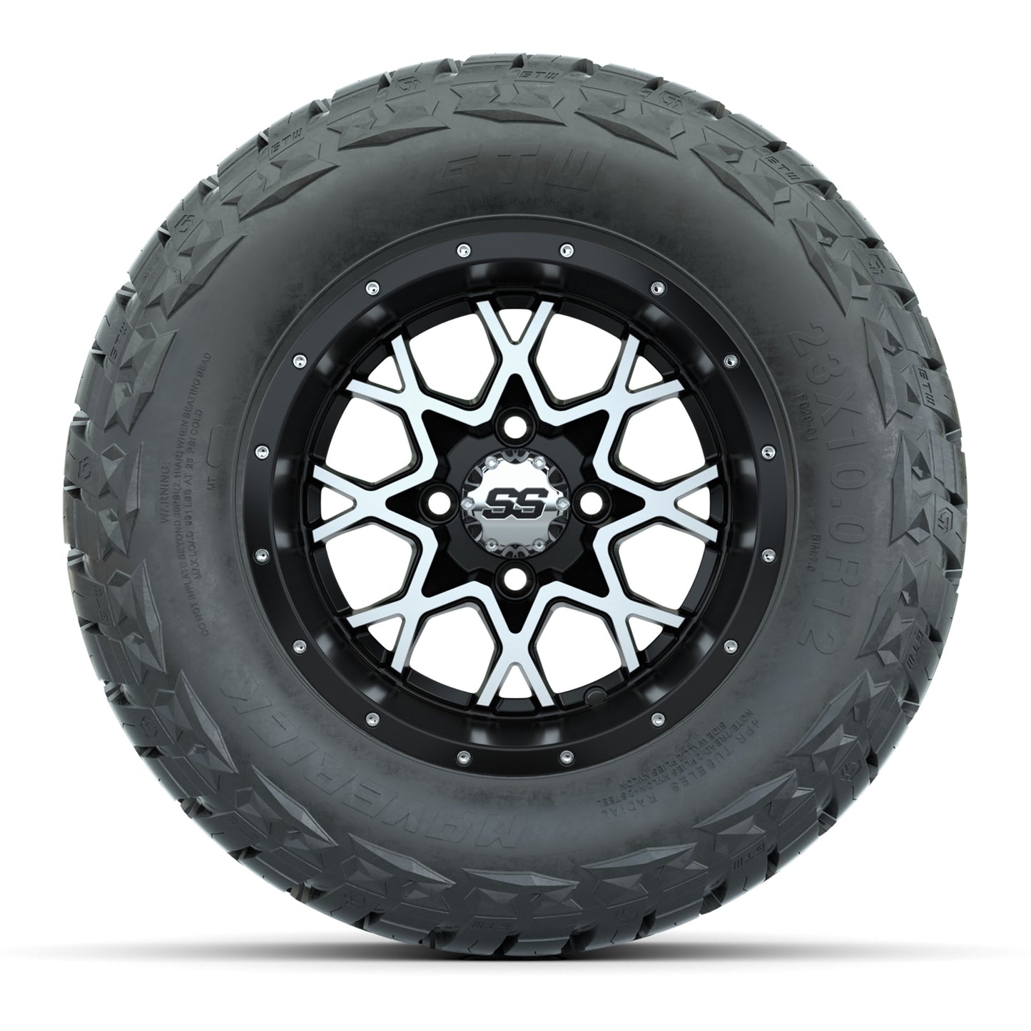 GTW Vortex Matte Black/Machined 12 in Wheels with 23x10.00-R12 Maverick All-Terrain Tires – Full Set