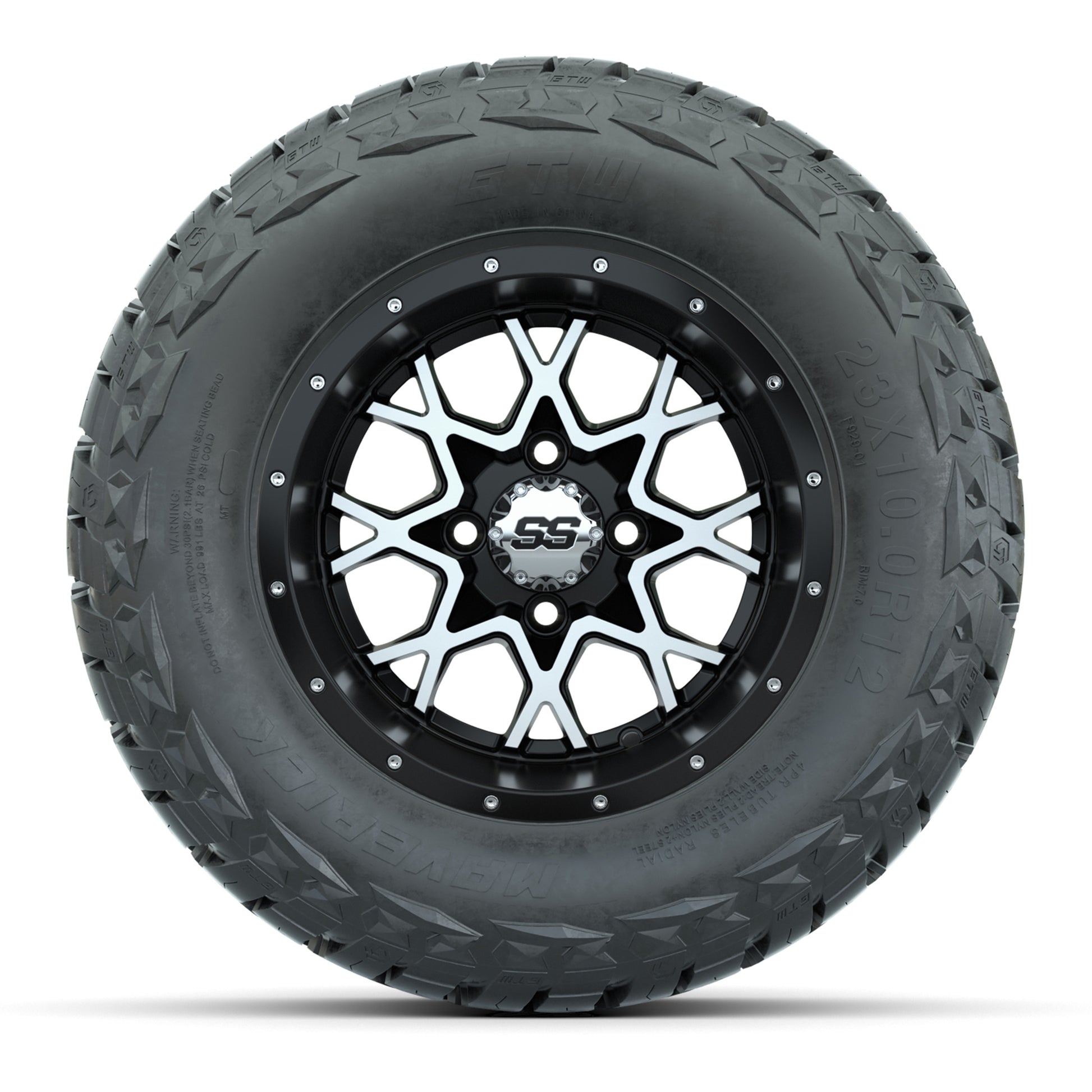 GTW Vortex Matte Black/Machined 12 in Wheels with 23x10.00-R12 Maverick All-Terrain Tires – Full Set