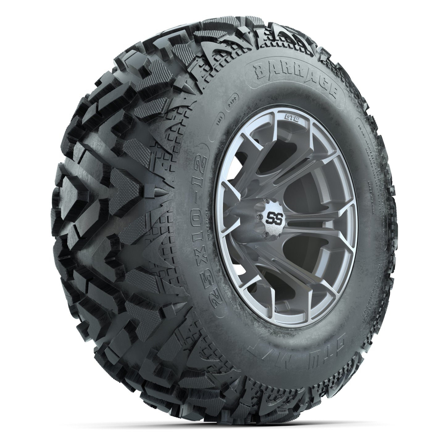 GTW® Spyder Silver Brush 12 in Wheels with 25X10-12 Barrage Mud Tires – Full Set